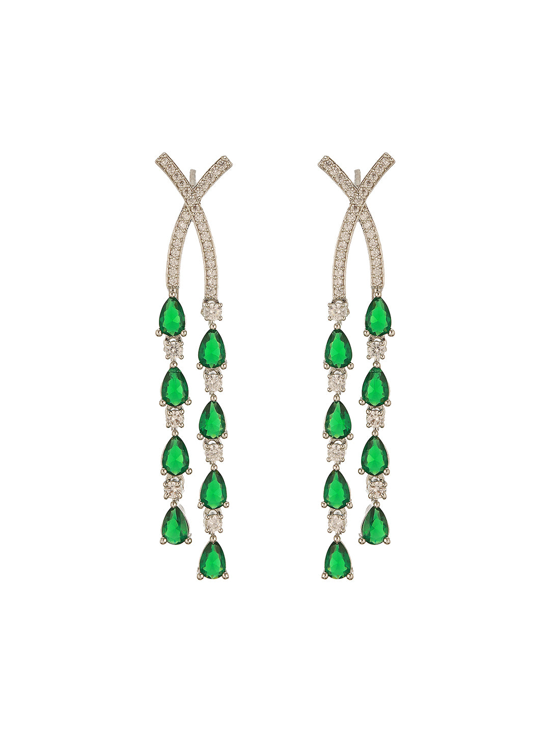 Silver Toned Emerald Green Zircon AD Studded Layered  Bridal Drop Designer Statement Necklace Jewellery Set