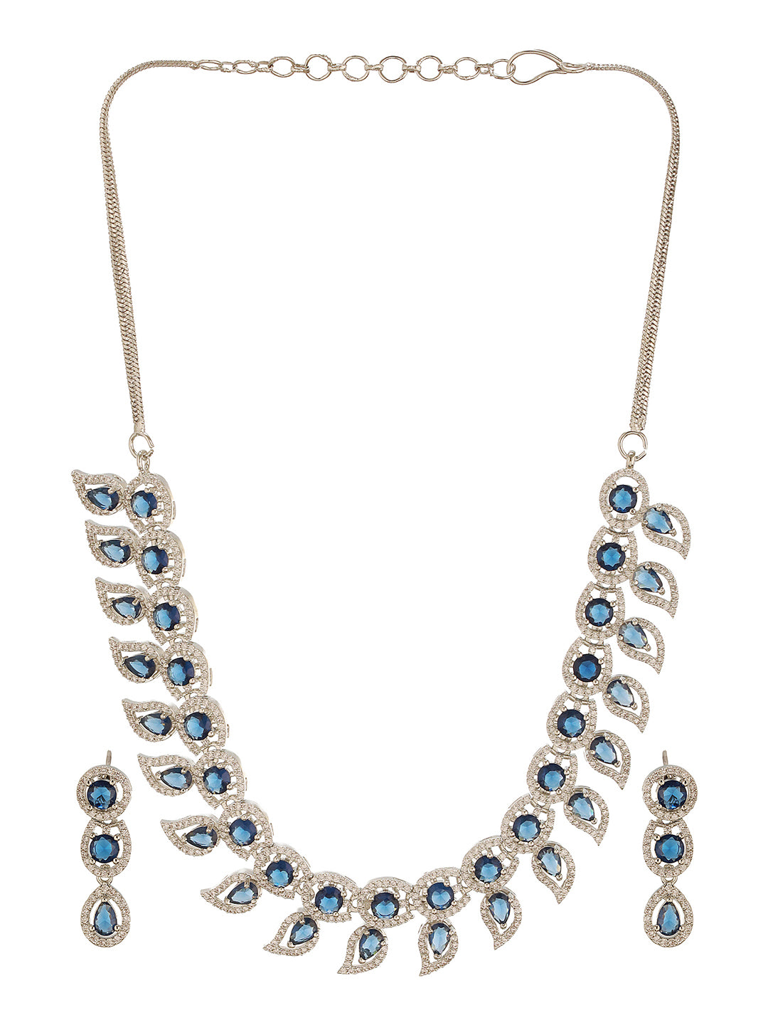 Silver Toned Zircon Emerald Blue AD Studded Mango Statement Necklace Jewellery Set