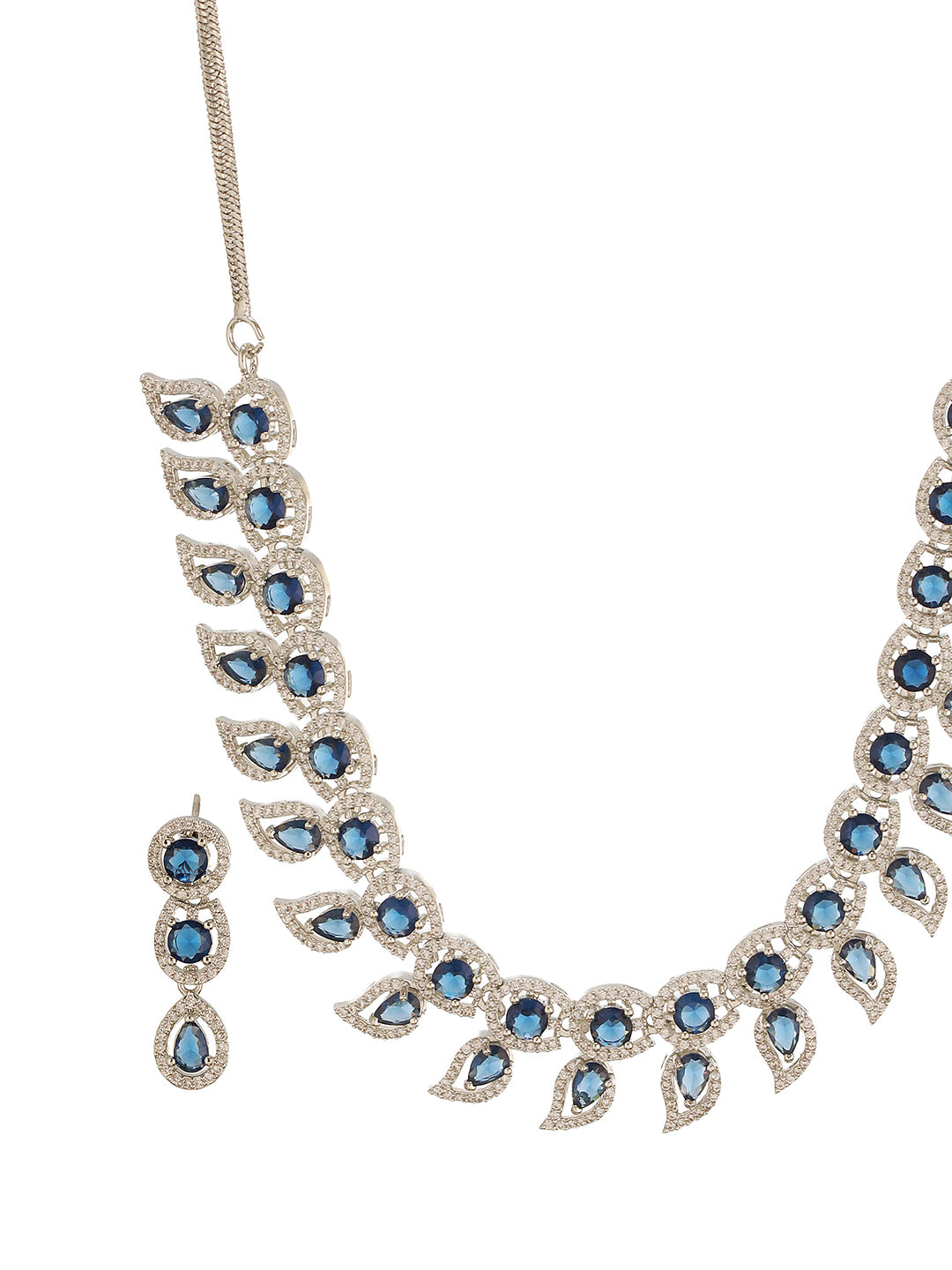 Silver Toned Zircon Emerald Blue AD Studded Mango Statement Necklace Jewellery Set