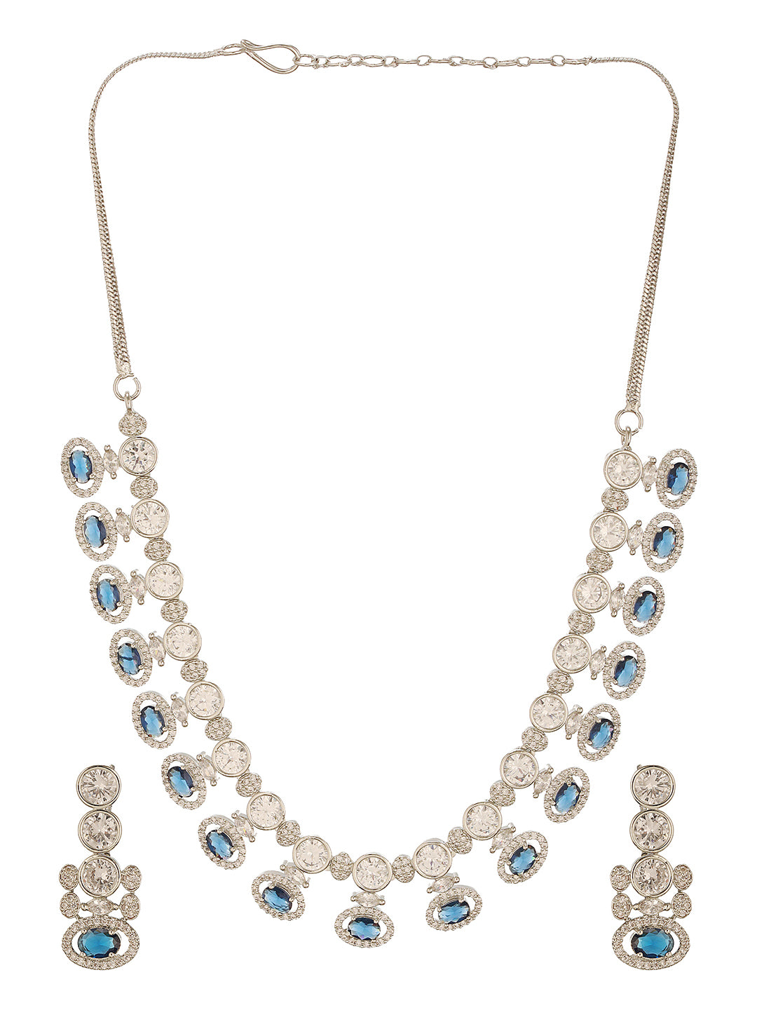Silver Toned Sapphire Blue AD Studded Statement Delicate Necklace Jewellery Set