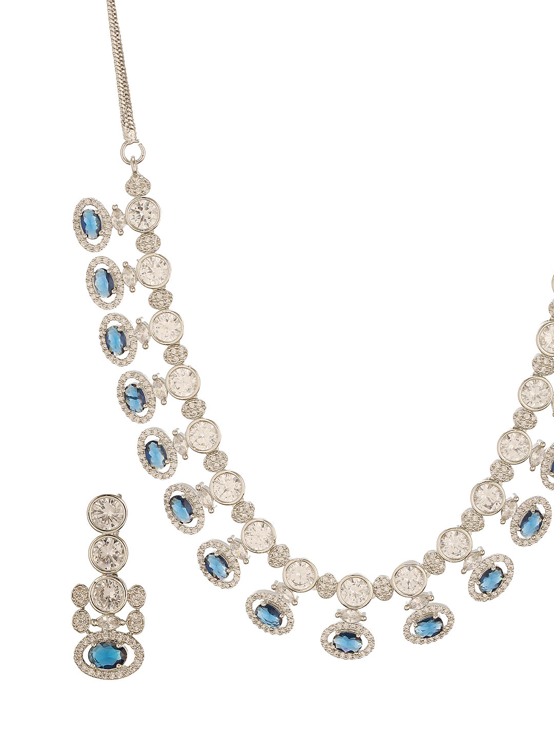 Silver Toned Sapphire Blue AD Studded Statement Delicate Necklace Jewellery Set