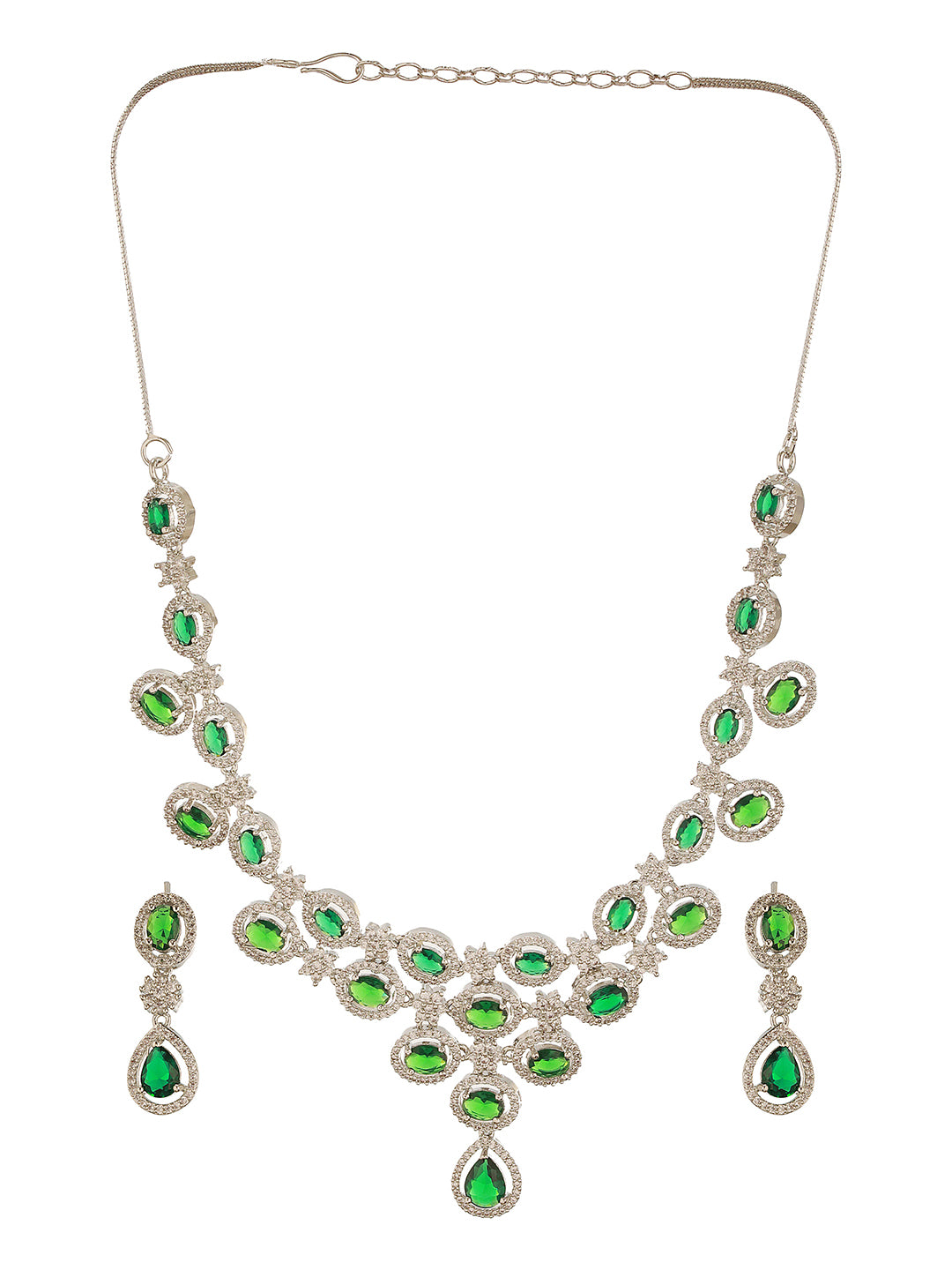 Silver Toned Emerald Green Zircon AD Studded Layered Bridesmaid Statement Jewellery Set