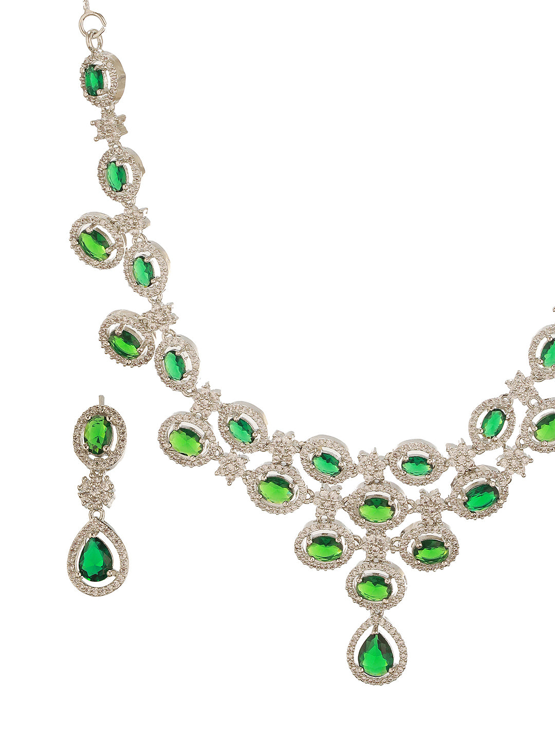 Silver Toned Emerald Green Zircon AD Studded Layered Bridesmaid Statement Jewellery Set