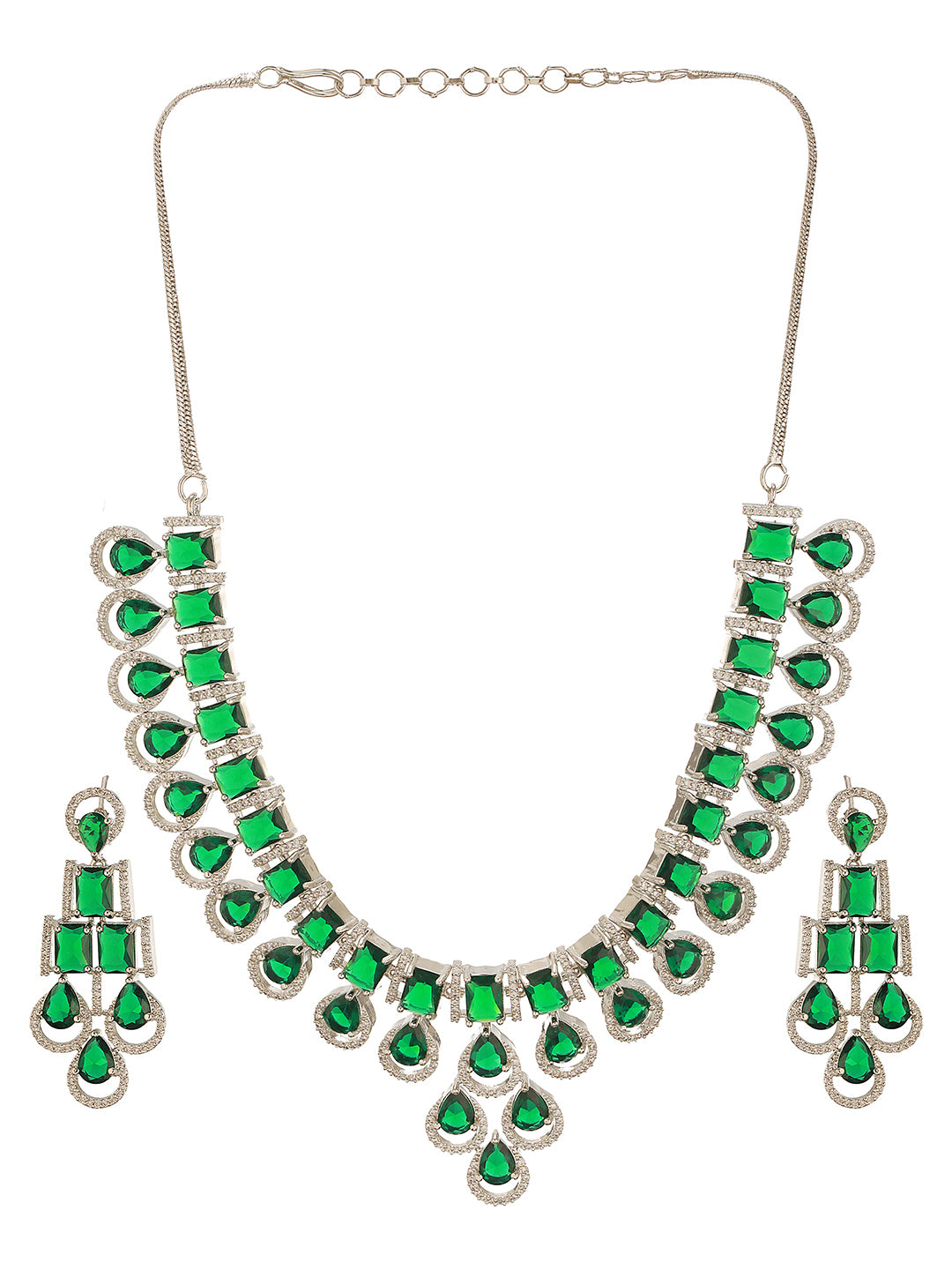 Silver Toned Emerald Green Zircon AD Studded Layered Drop Designer Statement Necklace Jewellery Set
