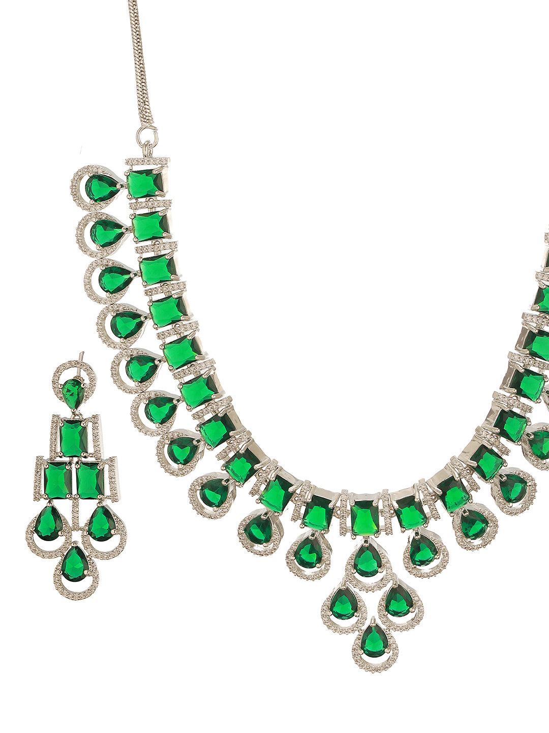 Silver Toned Emerald Green Zircon AD Studded Layered Drop Designer Statement Necklace Jewellery Set