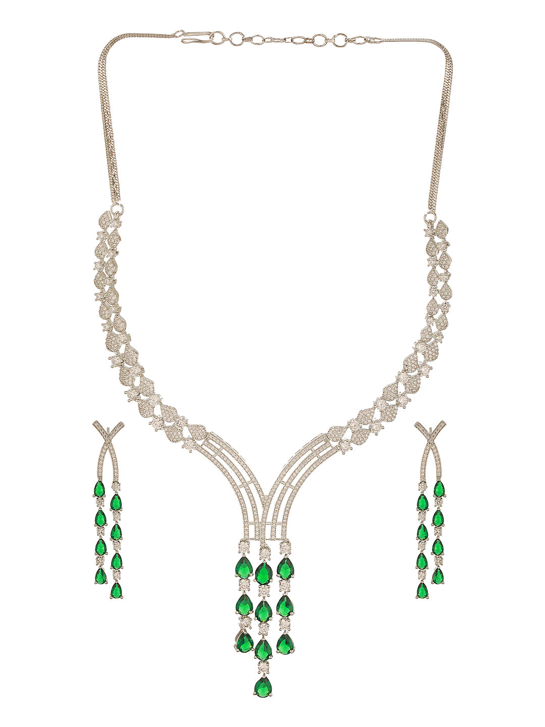 Silver Toned Emerald Green Zircon AD Studded Layered  Bridal Drop Designer Statement Necklace Jewellery Set