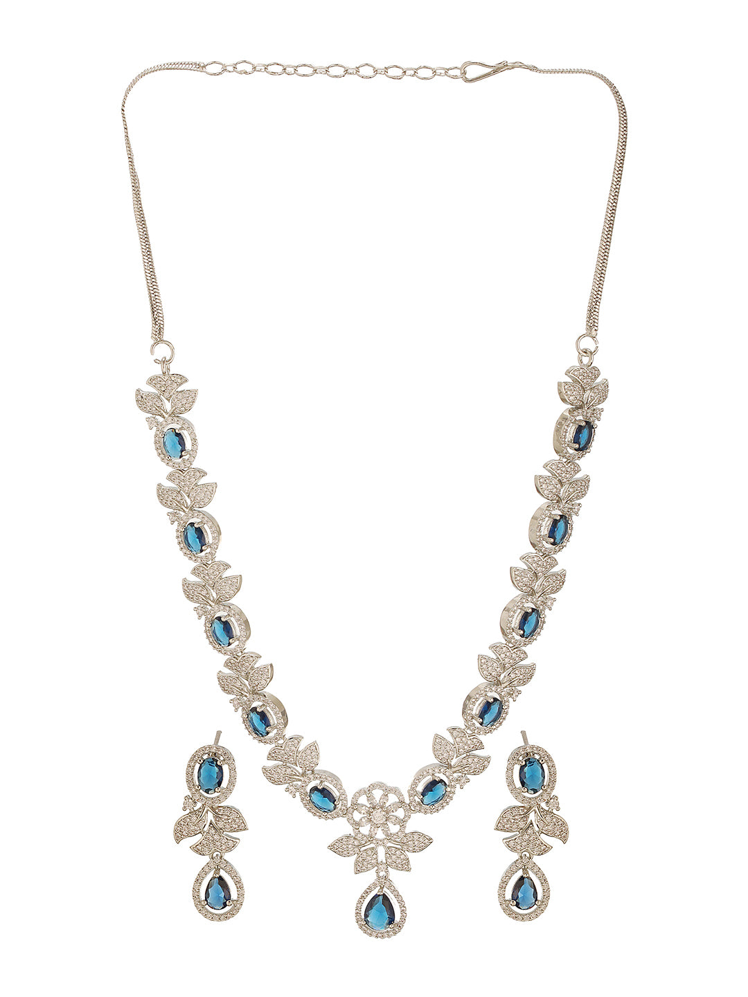 Silver Toned Sapphire Blue AD Studded Floral Delicate Statement Jewellery Set