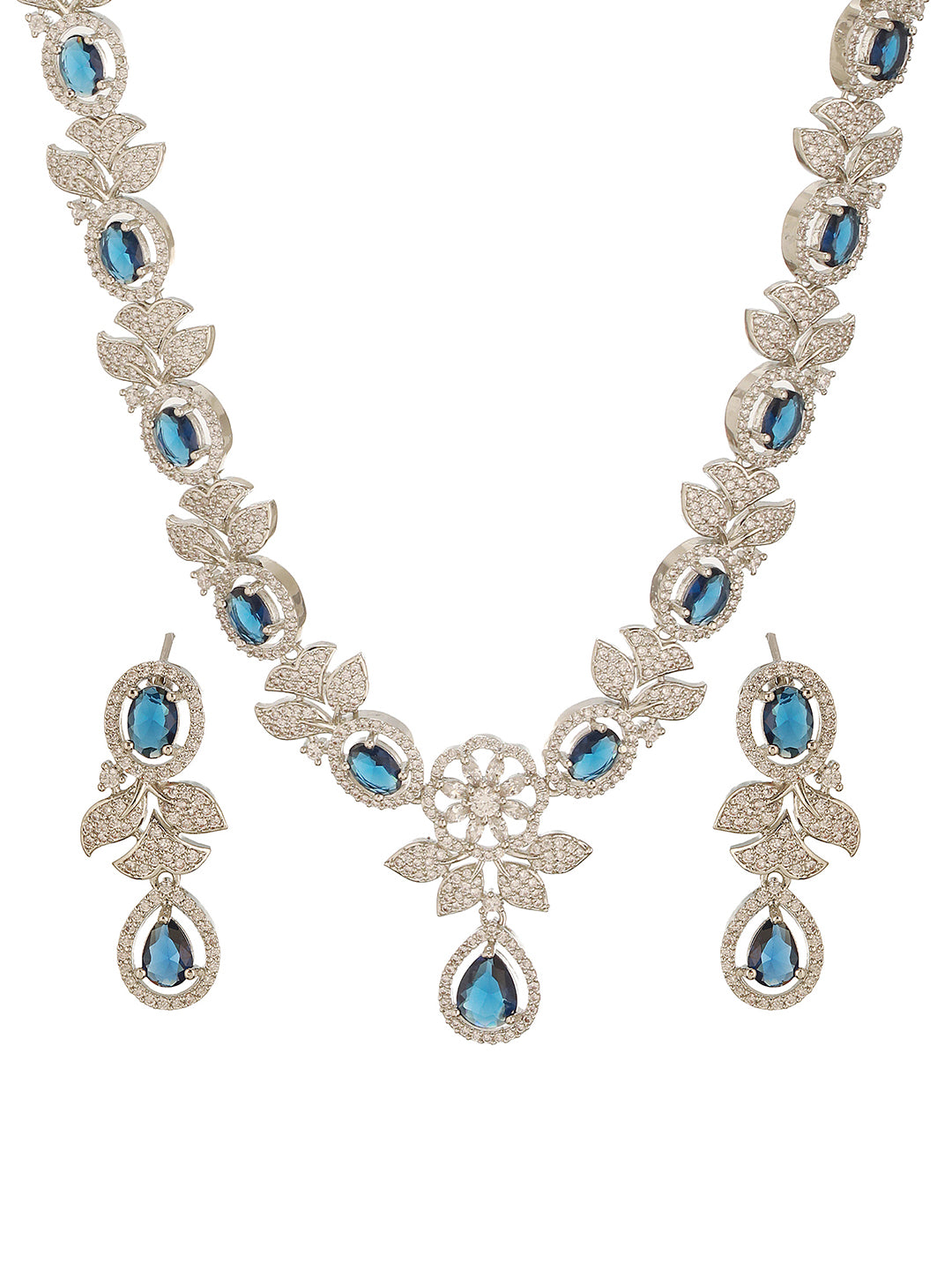 Silver Toned Sapphire Blue AD Studded Floral Delicate Statement Jewellery Set