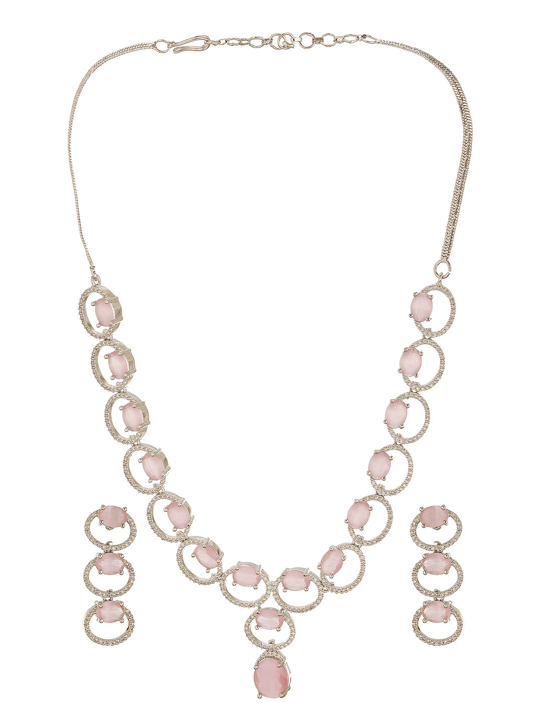 Silver Toned Pink AD Zircon Studded Minimal Designer Necklace Jewellery Set