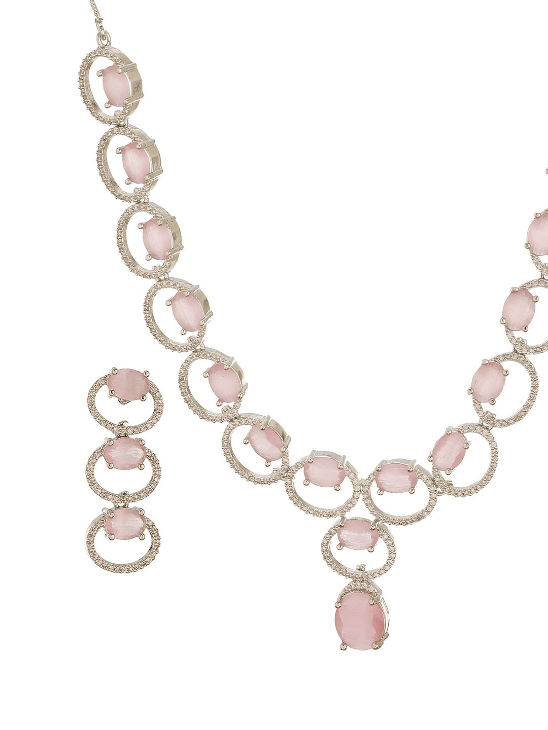 Silver Toned Pink AD Zircon Studded Minimal Designer Necklace Jewellery Set