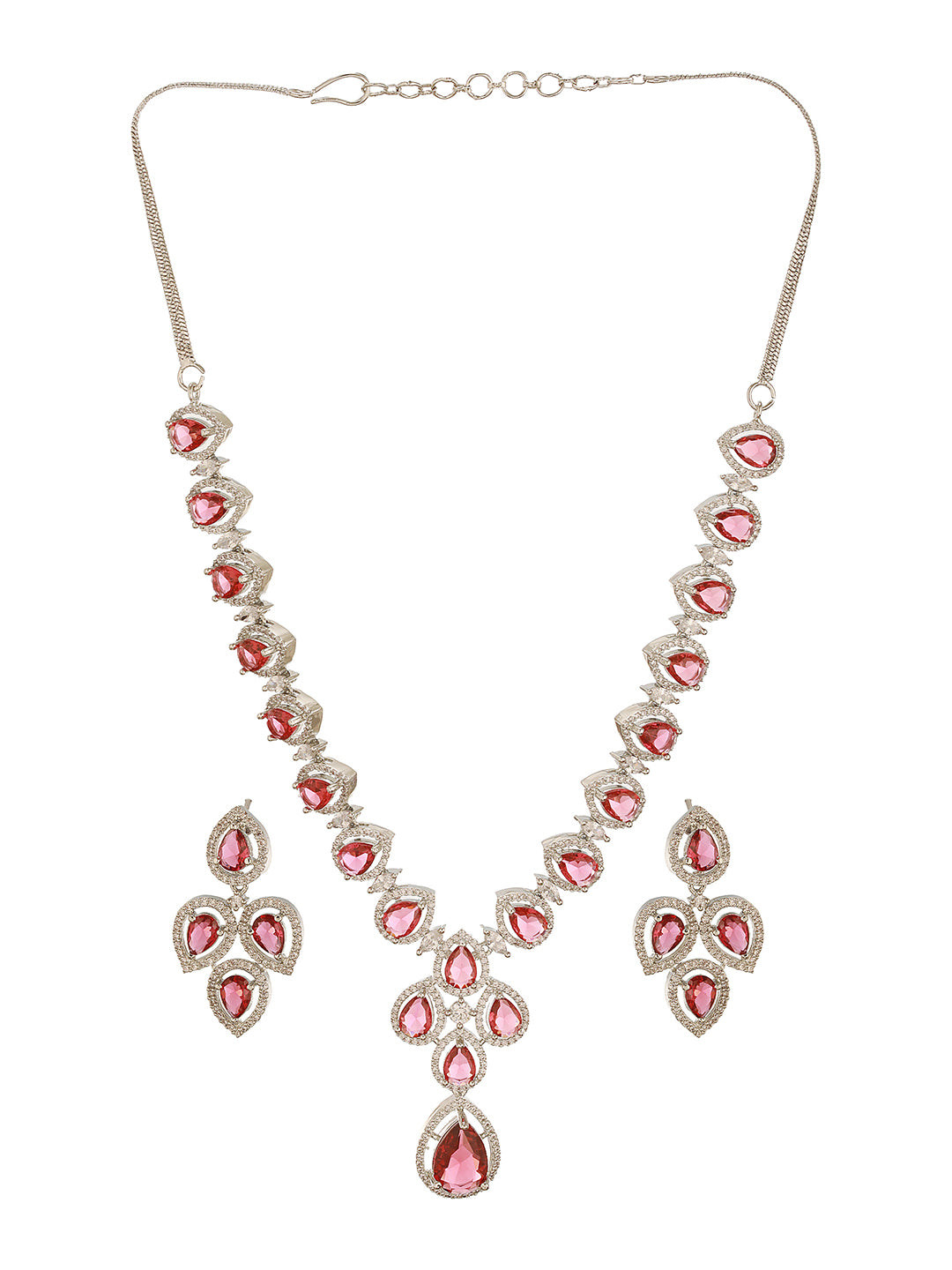 Silver Toned Ruby Red AD Studded Statement Delicate Necklace Jewellery Set