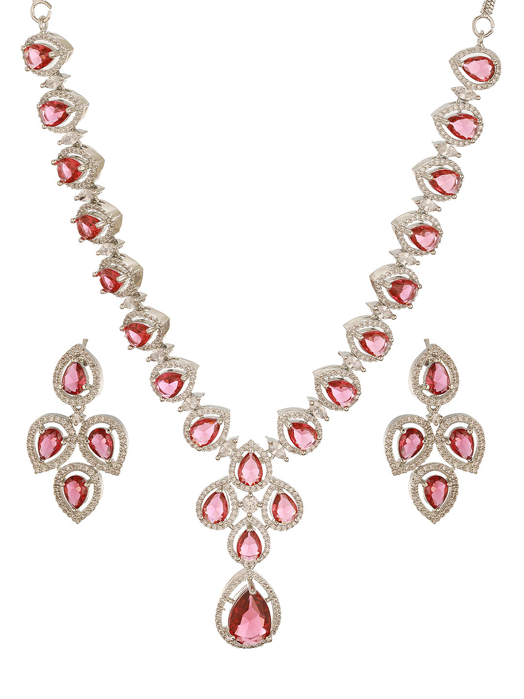 Silver Toned Ruby Red AD Studded Statement Delicate Necklace Jewellery Set