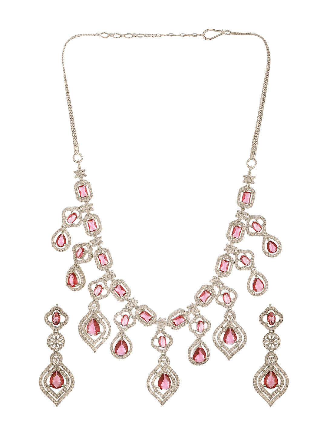 Silver Toned Ruby Red AD Studded Statement Bridal Layered Necklace Jewellery Set