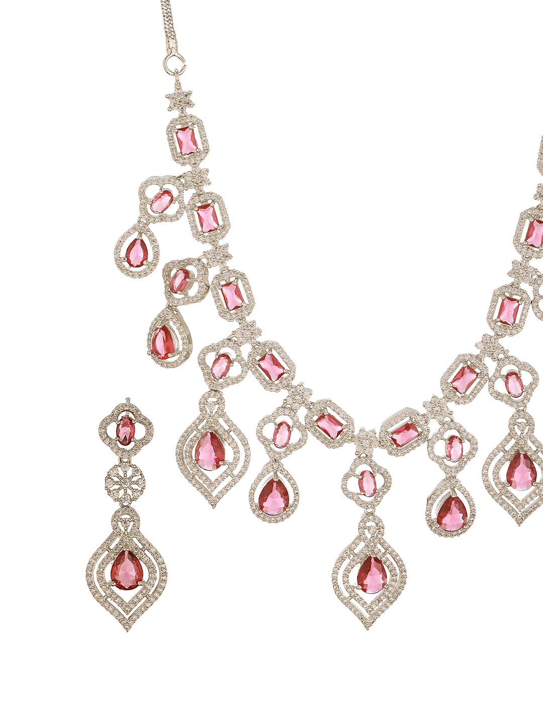 Silver Toned Ruby Red AD Studded Statement Bridal Layered Necklace Jewellery Set