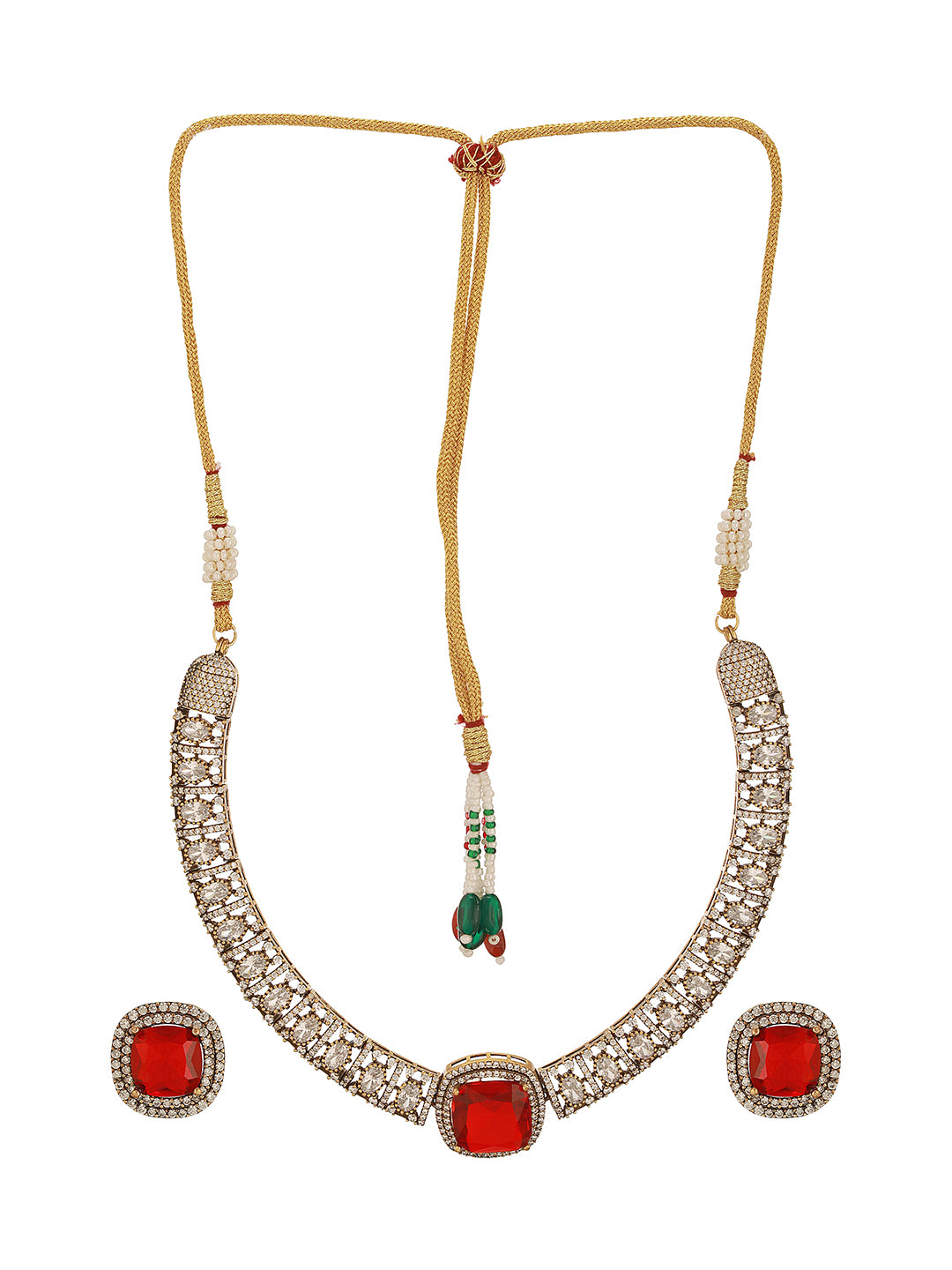 Oxidised Silver Toned Ruby Red AD Zircon Studded Minimal  Kundan Choker jewellery Set