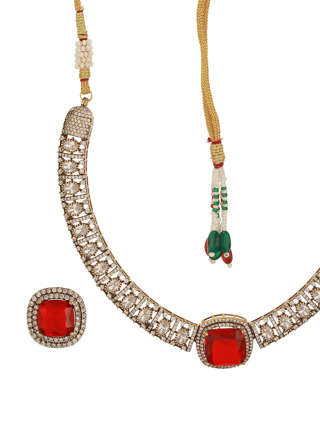 Oxidised Silver Toned Ruby Red AD Zircon Studded Minimal  Kundan Choker jewellery Set