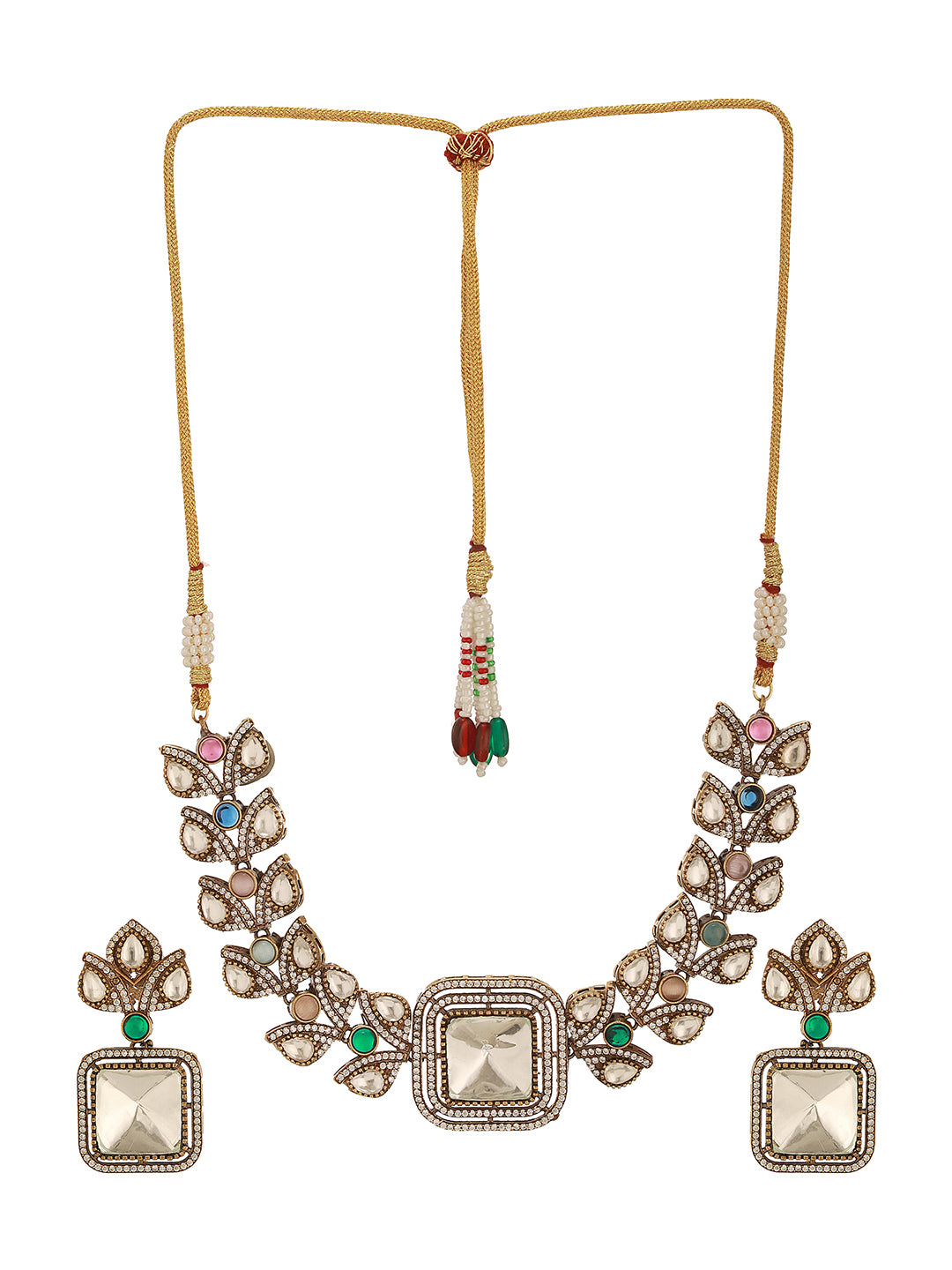 Oxidised Silver Toned Polki Kundan Studded Leafy Minimal Designer Choker Jewellery Set