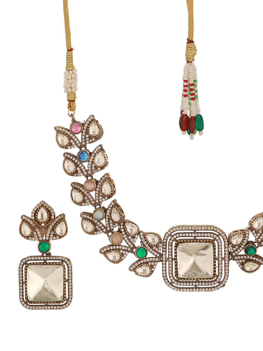 Oxidised Silver Toned Polki Kundan Studded Leafy Minimal Designer Choker Jewellery Set
