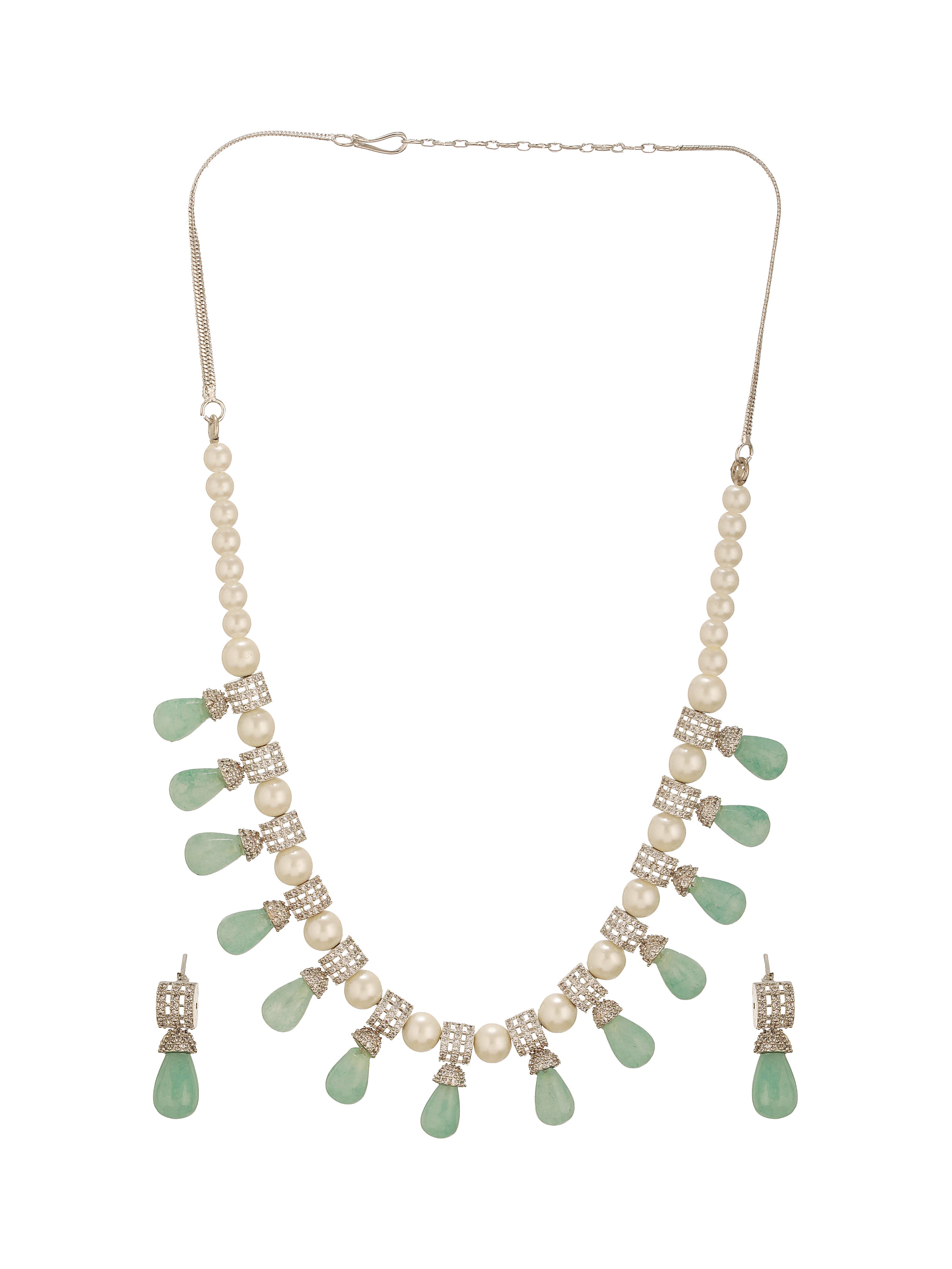 Zircon AD Studded Pearl & Mint Beads Beaded Designer Statement Jewellery Set