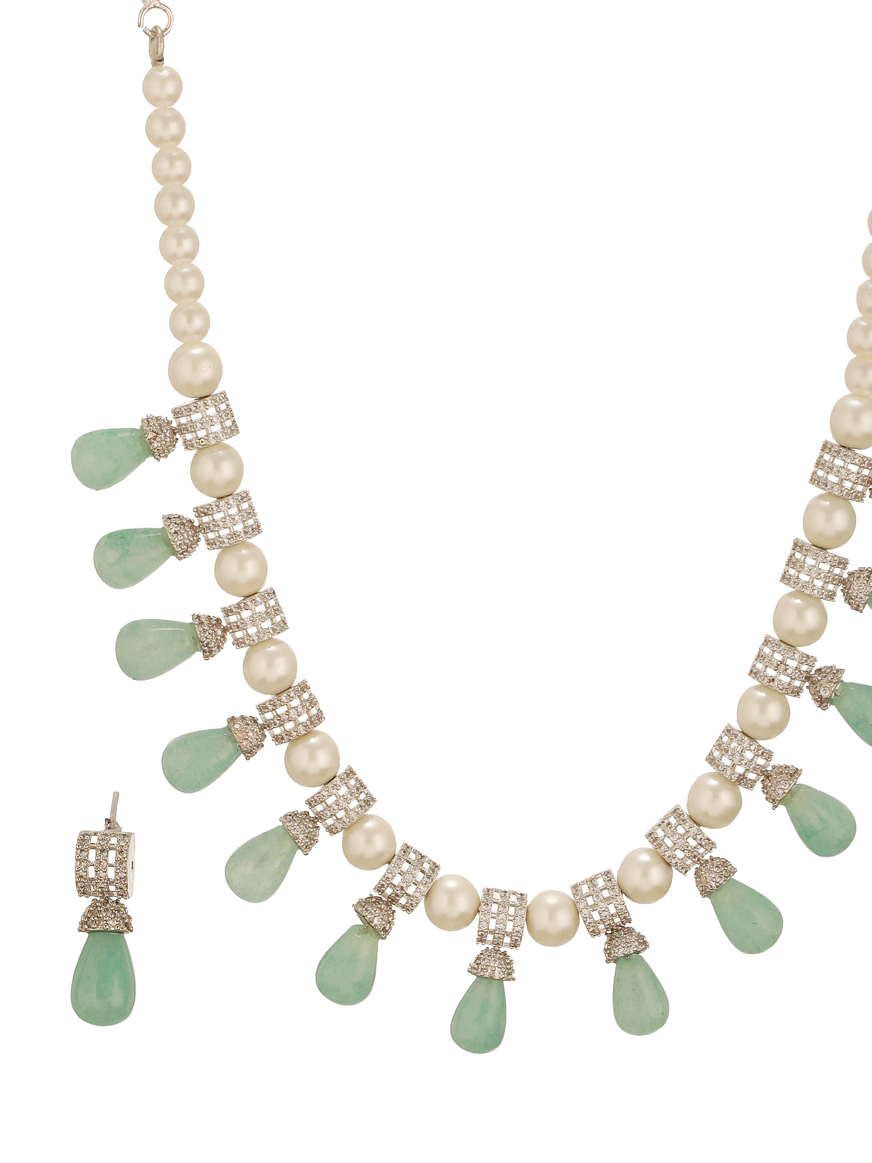 Zircon AD Studded Pearl & Mint Beads Beaded Designer Statement Jewellery Set