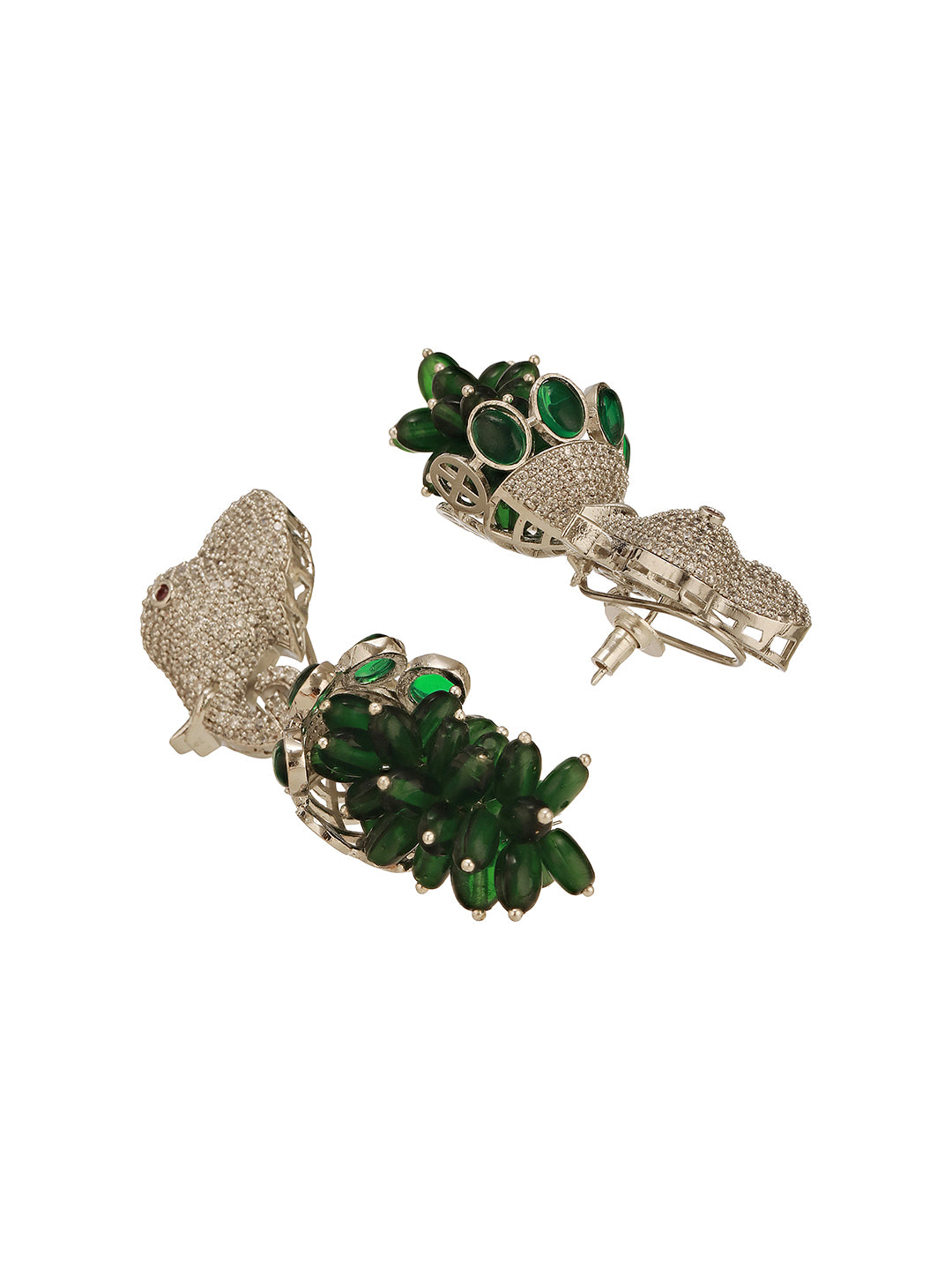 Silver Plated Green Emerald Green AD Zircon Studded Designer Elephant Motif Dangler Earrings
