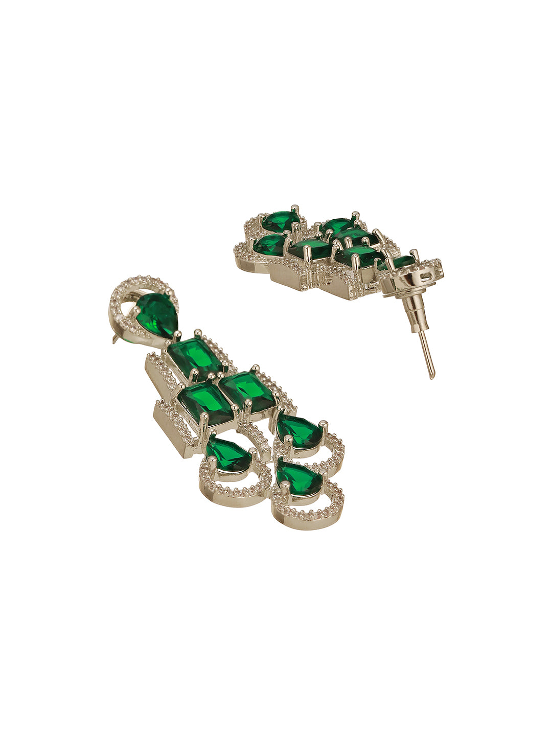 Silver Toned Emerald Green Zircon AD Studded Layered Drop Designer Statement Necklace Jewellery Set