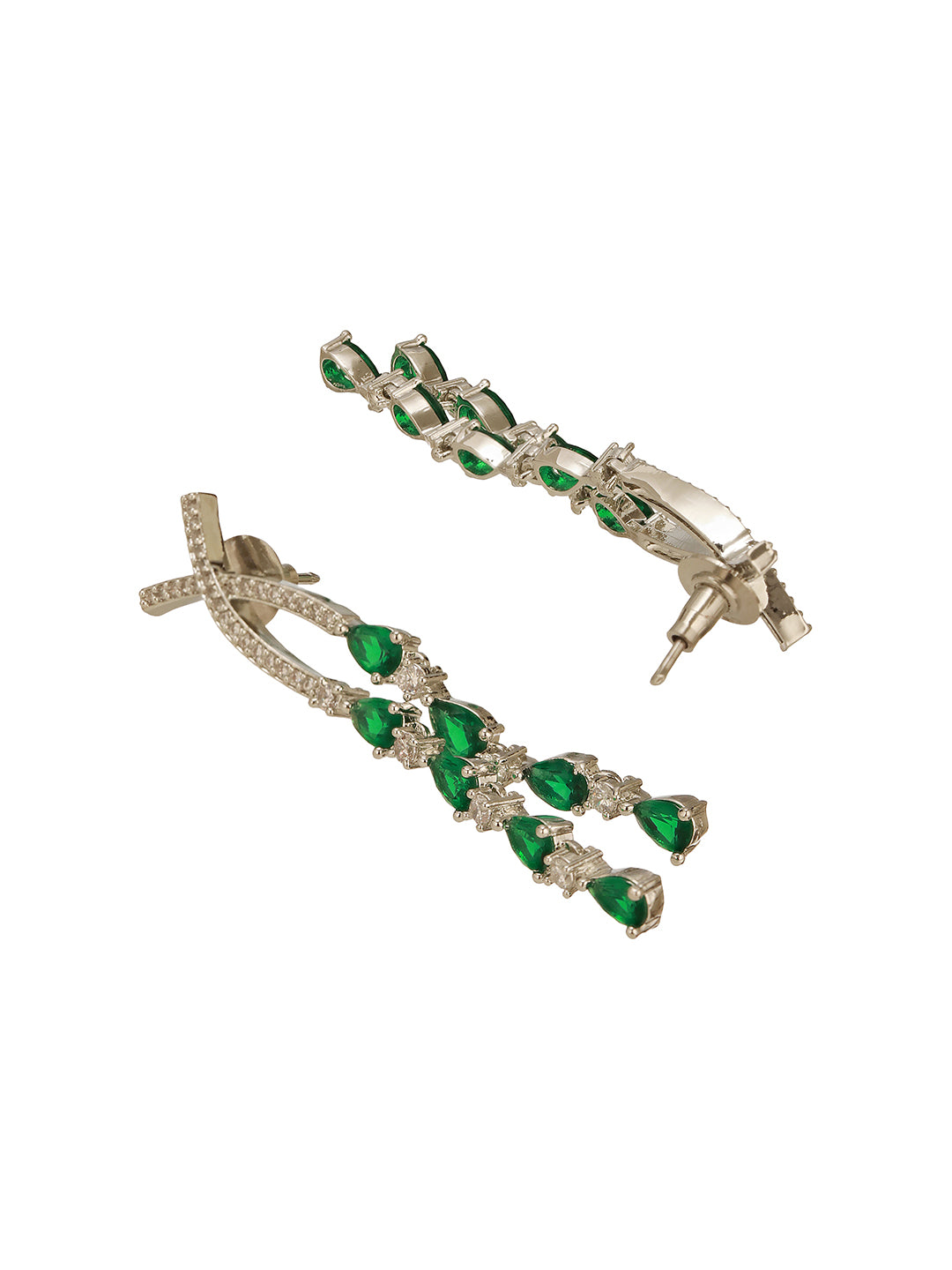 Silver Toned Emerald Green Zircon AD Studded Layered  Bridal Drop Designer Statement Necklace Jewellery Set