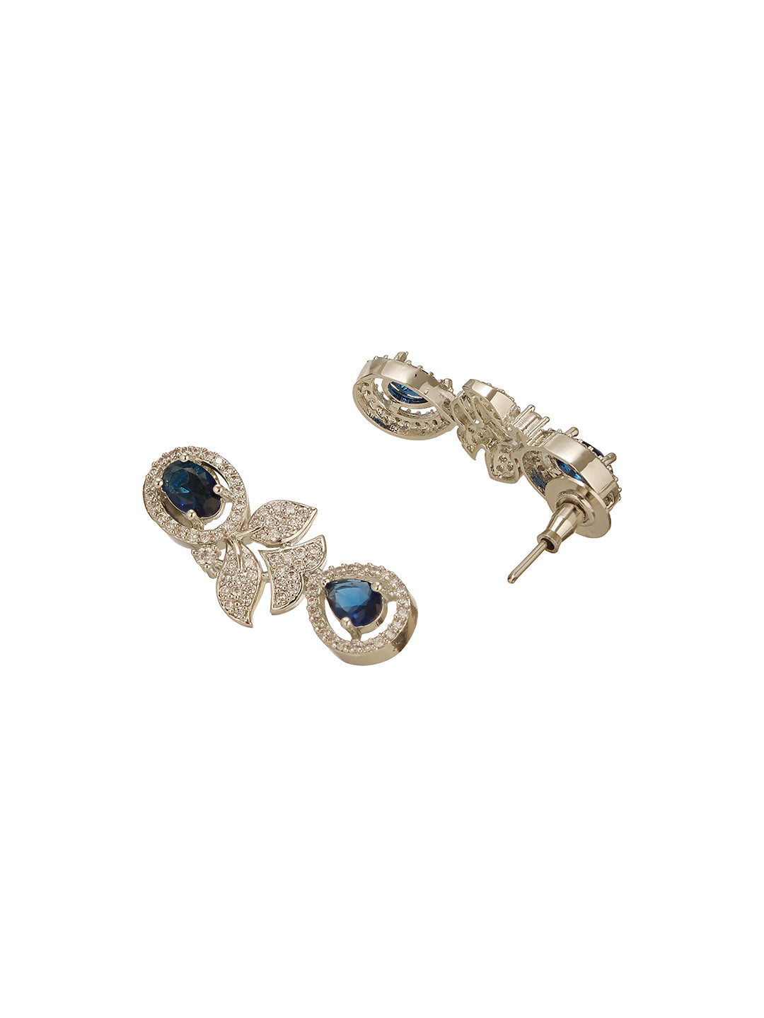 Silver Toned Sapphire Blue AD Studded Floral Delicate Statement Jewellery Set