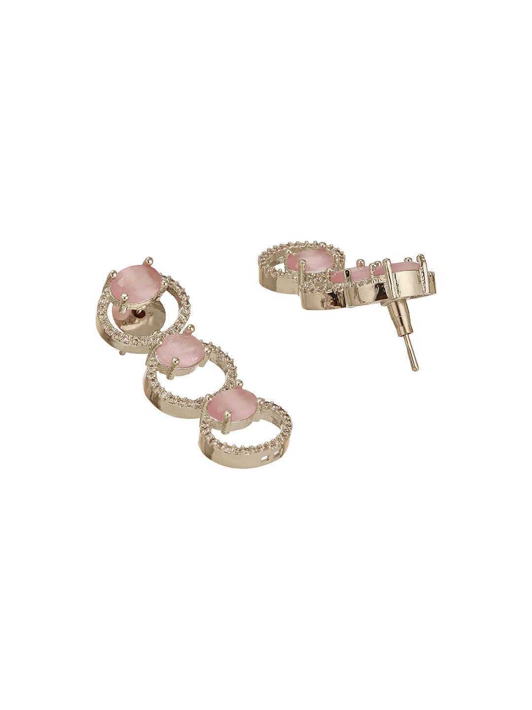 Silver Toned Pink AD Zircon Studded Minimal Designer Necklace Jewellery Set