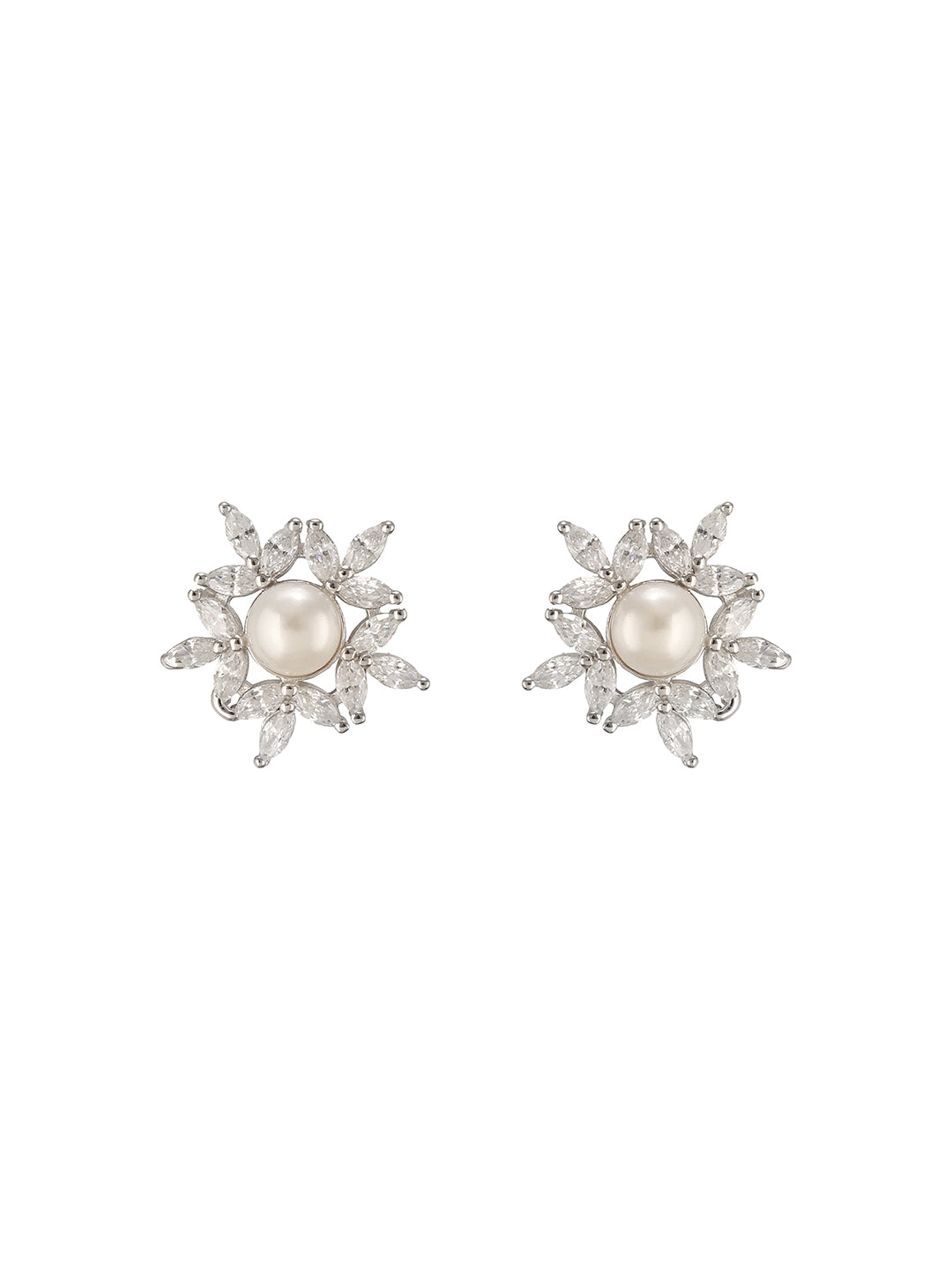 925 Sterling Silver Zircon & Pearl Embellished Minimal  Floral Studds Earrings