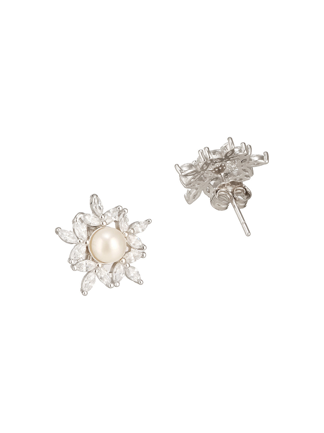 925 Sterling Silver Zircon & Pearl Embellished Minimal  Floral Studds Earrings