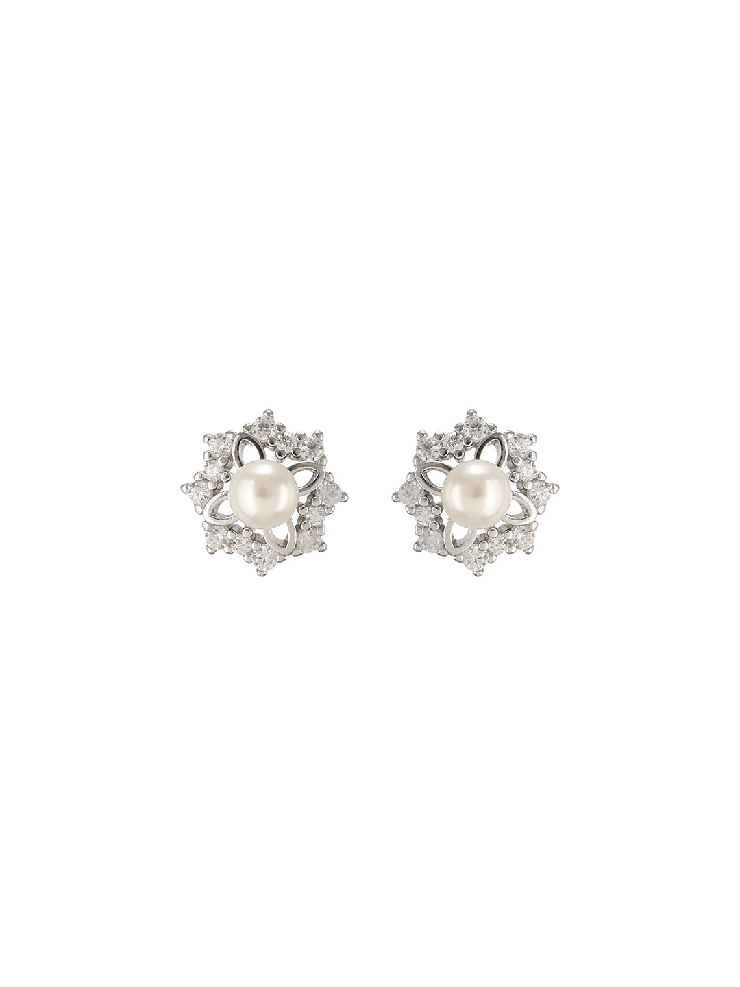 925 Sterling Silver Zircon Studded Faux Pearls  Flower Studds Earrings