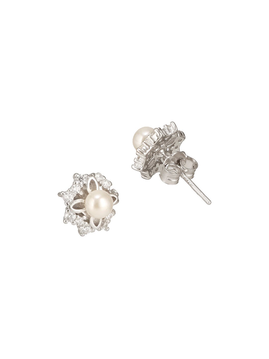 925 Sterling Silver Zircon Studded Faux Pearls  Flower Studds Earrings