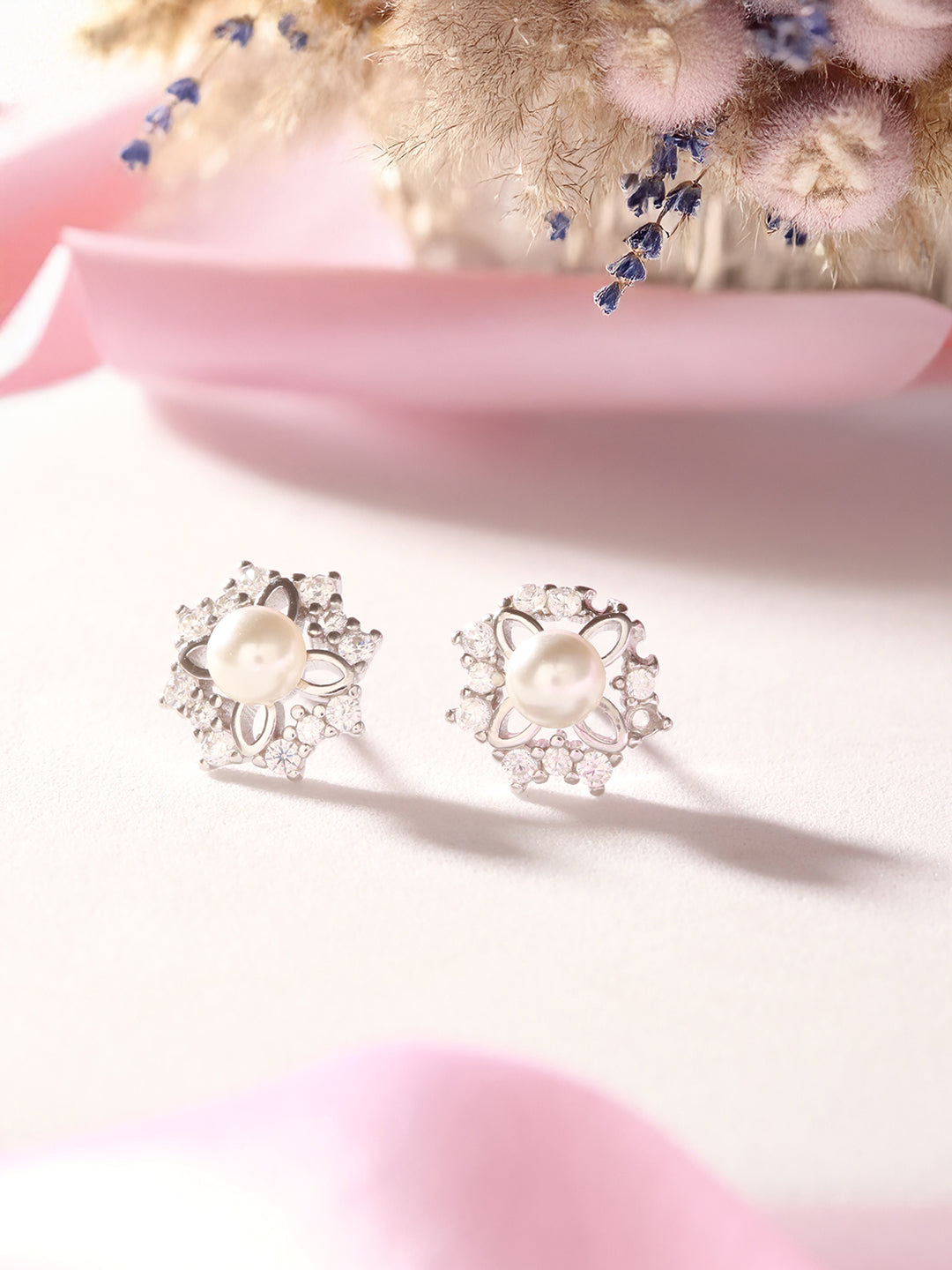 925 Sterling Silver Zircon Studded Faux Pearls  Flower Studds Earrings