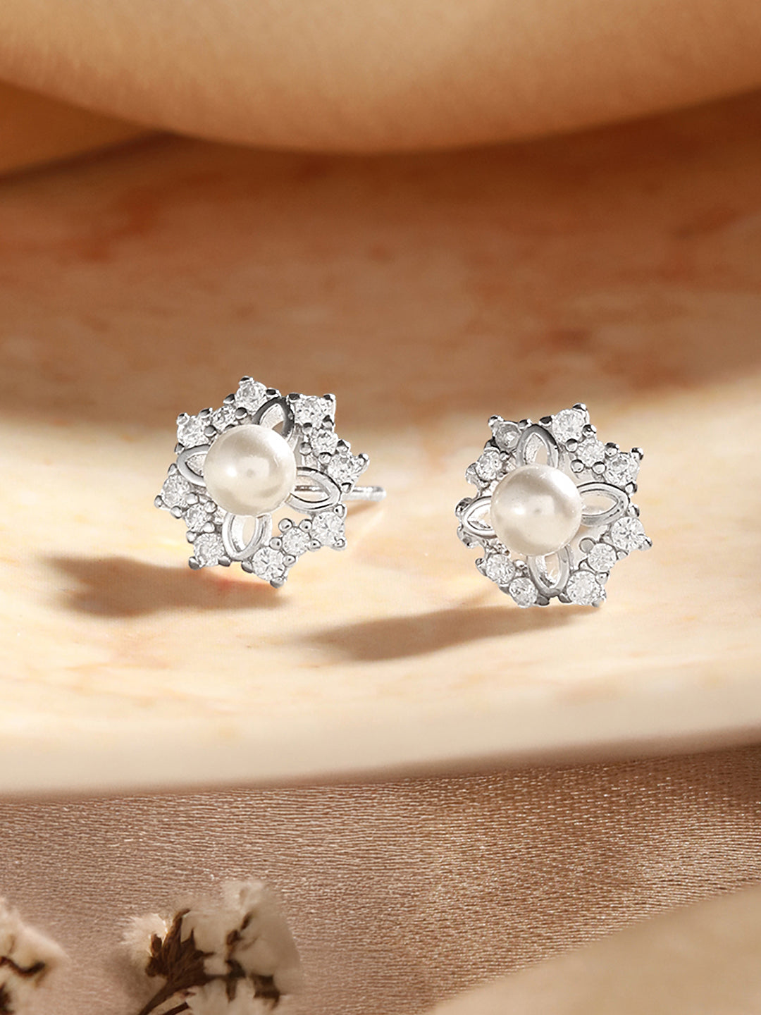 925 Sterling Silver Zircon Studded Faux Pearls  Flower Studds Earrings