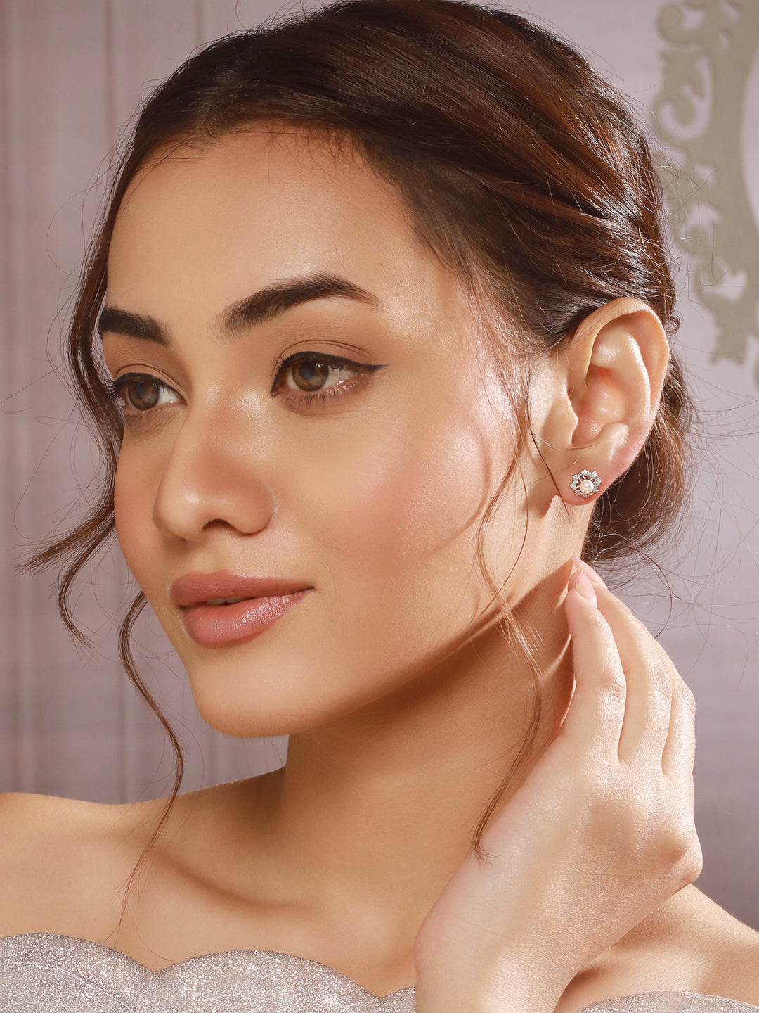 925 Sterling Silver Zircon Studded Faux Pearls  Flower Studds Earrings