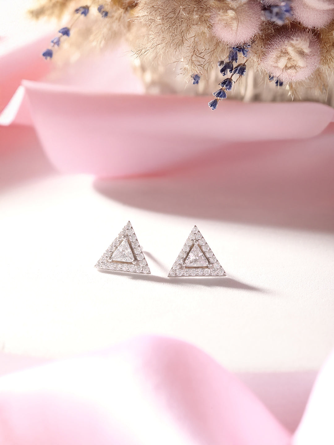 925 Sterling Silver Zircon Studded  Pyramid Shaped Halo Solitaire Minimal Studds Earrings