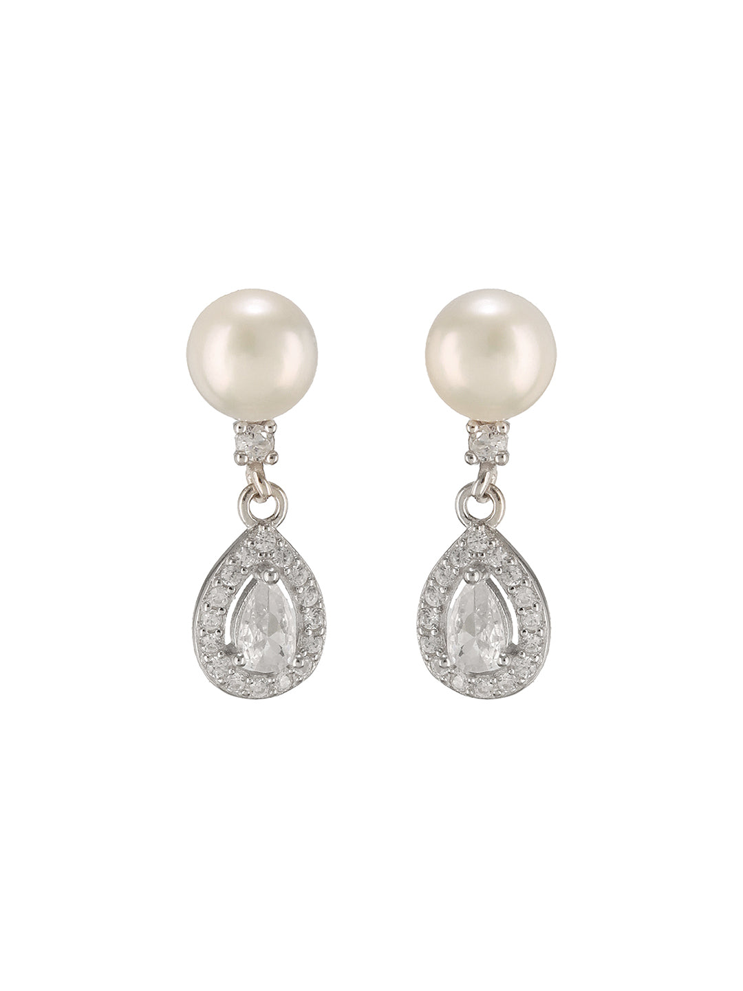 925 Sterling Silver Zircon & Pearl Embellished Drop Statement Earrings