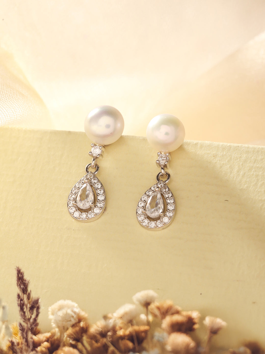925 Sterling Silver Zircon & Pearl Embellished Drop Statement Earrings