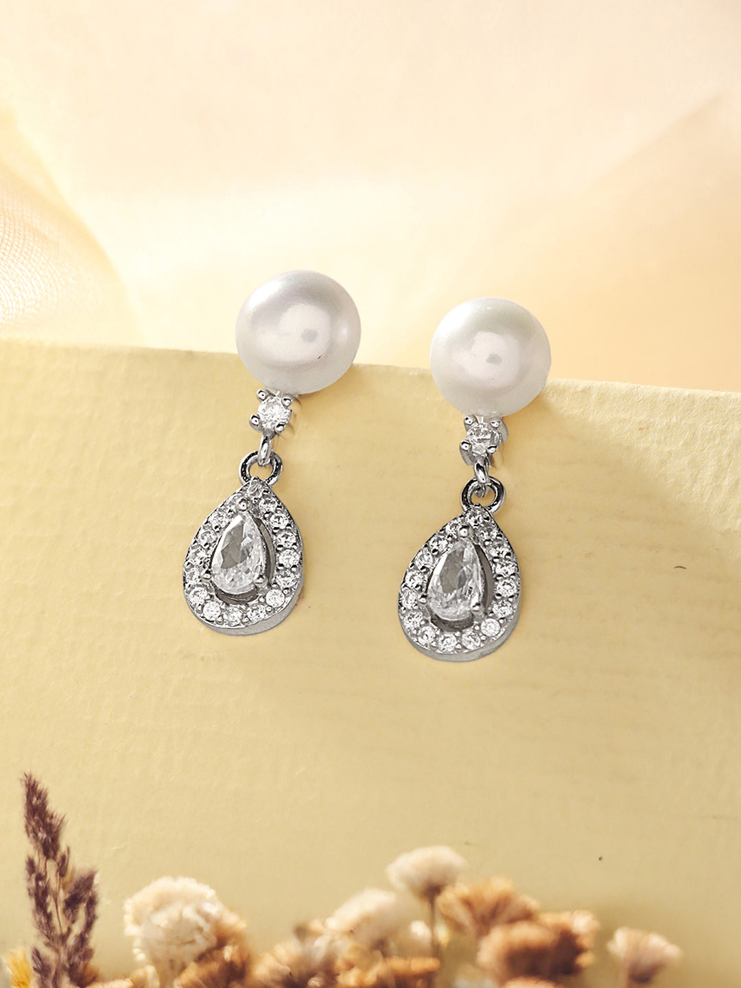925 Sterling Silver Zircon & Pearl Embellished Drop Statement Earrings