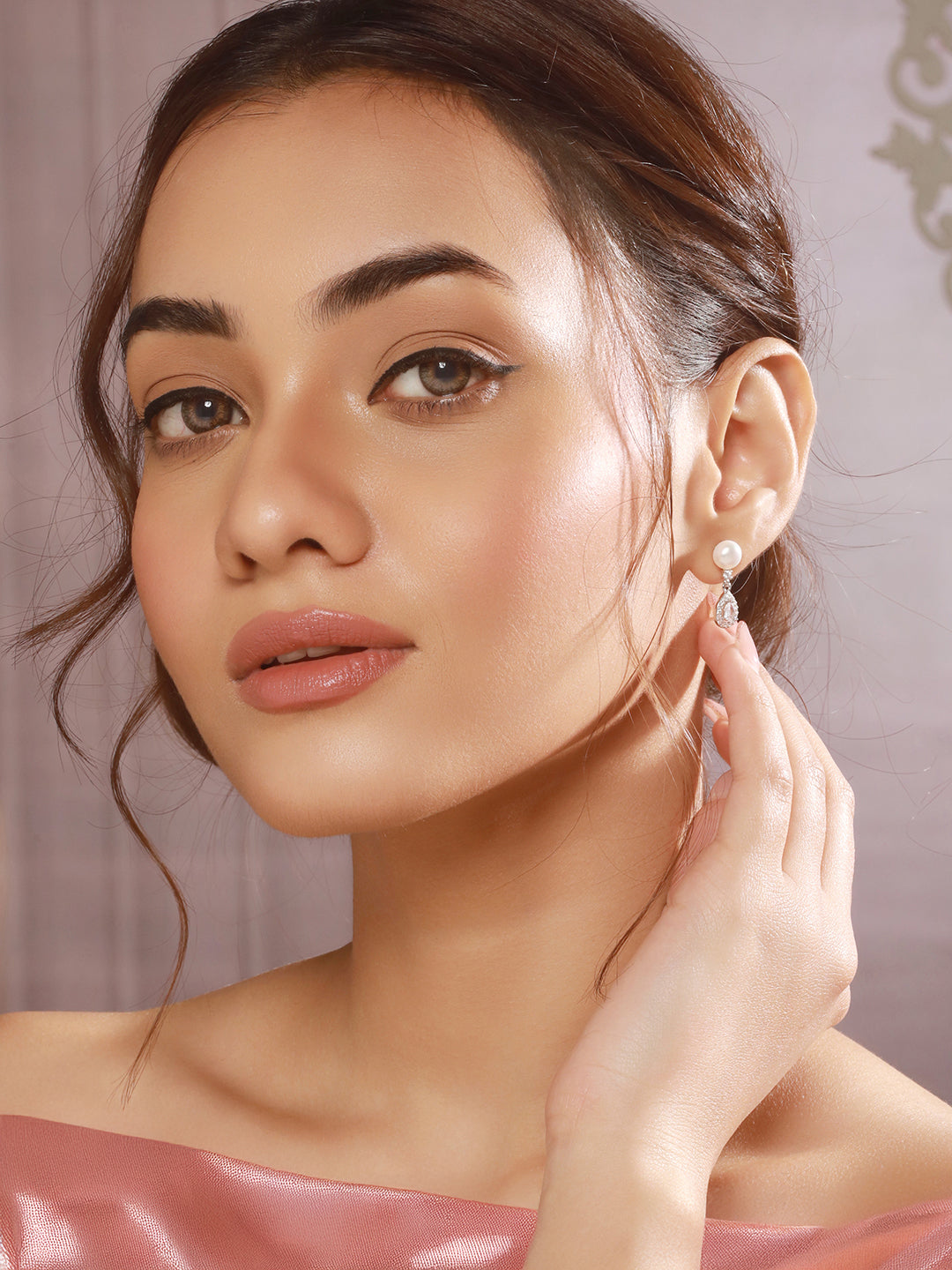 925 Sterling Silver Zircon & Pearl Embellished Drop Statement Earrings