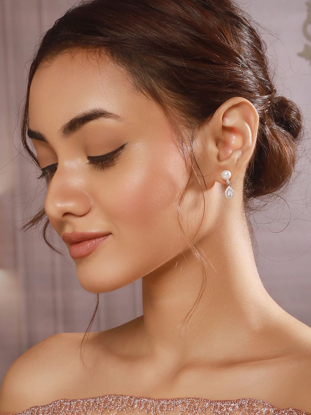 925 Sterling Silver Zircon & Pearl Embellished Drop Statement Earrings