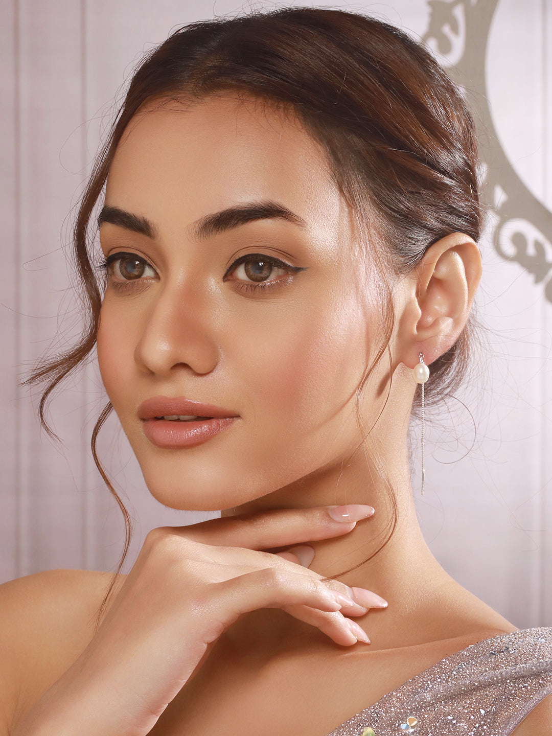 925 Sterling Silver Zircon Studded Freshwater Pearls Sui Dhaga  Threader Dangle Earrings