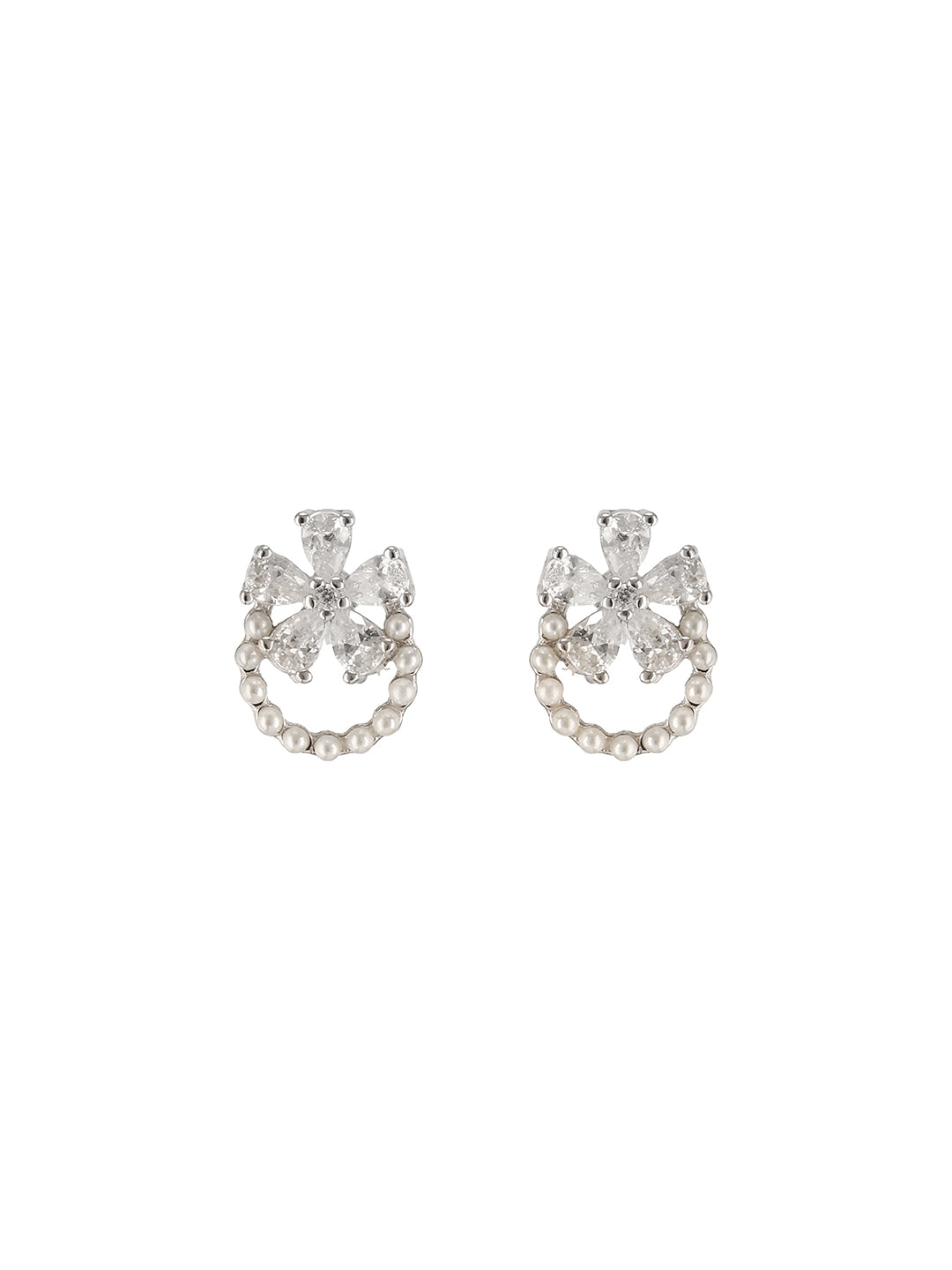 925 Sterling Silver Zircon & Pearl Embellished Floral  Minimal Studds Earrings