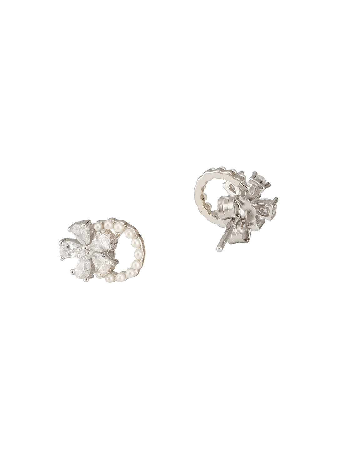 925 Sterling Silver Zircon & Pearl Embellished Floral  Minimal Studds Earrings