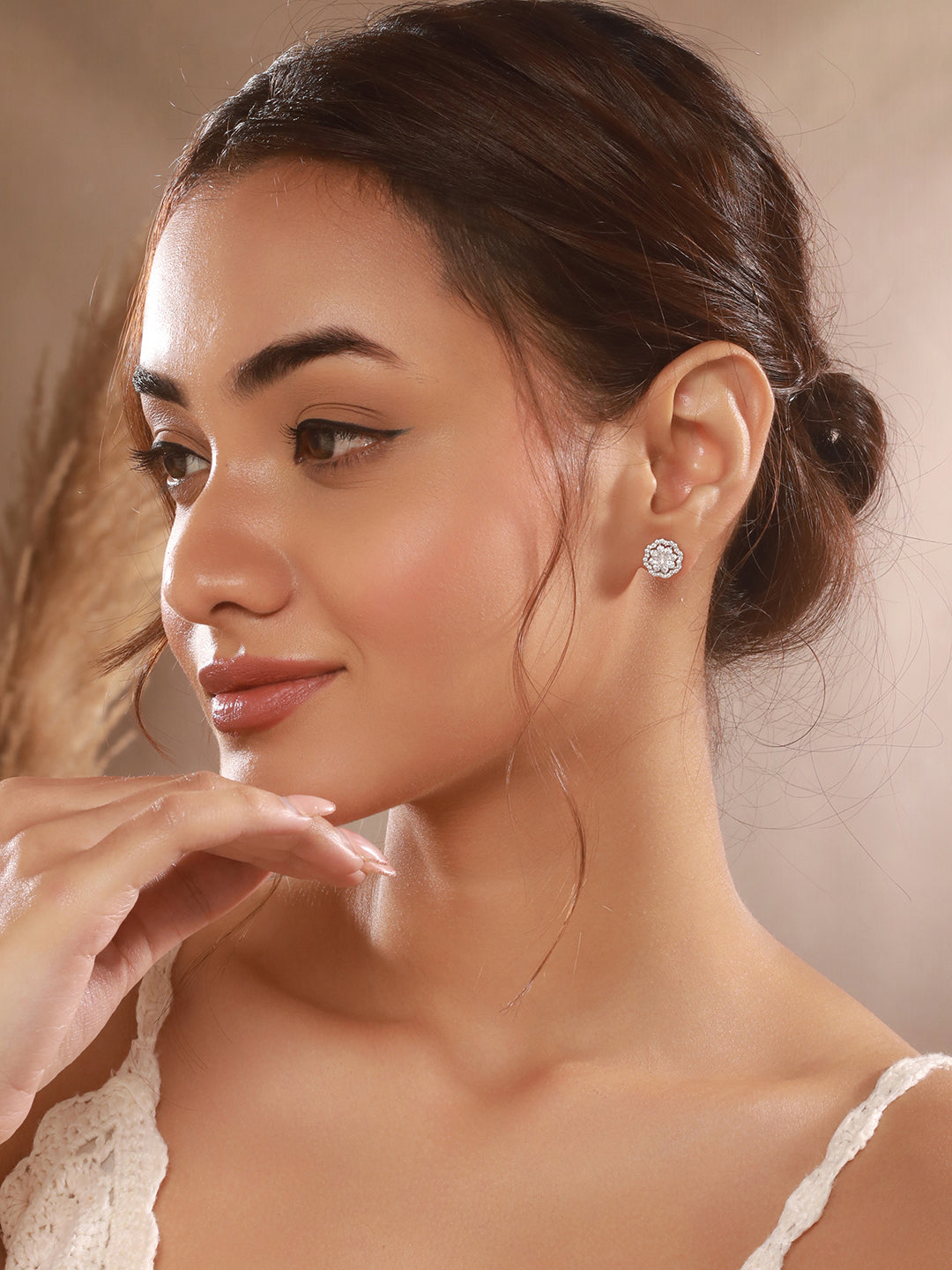 925 Sterling Silver Zircon Studded Floral Studds Earrings