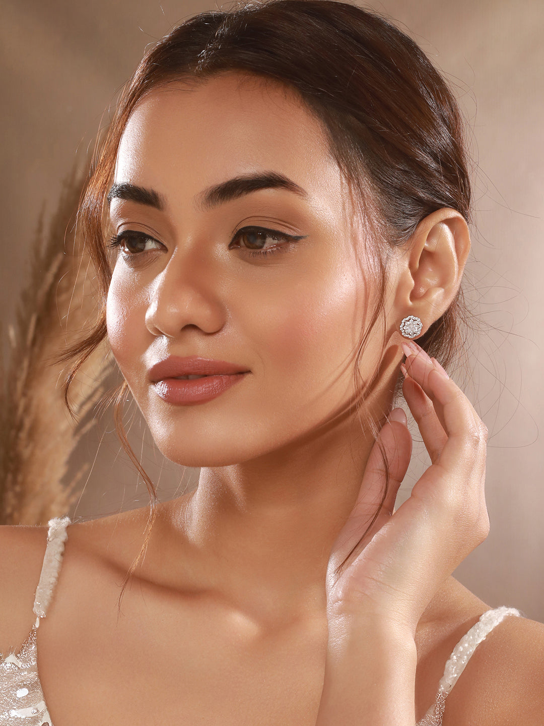 925 Sterling Silver Zircon Studded Floral Studds Earrings