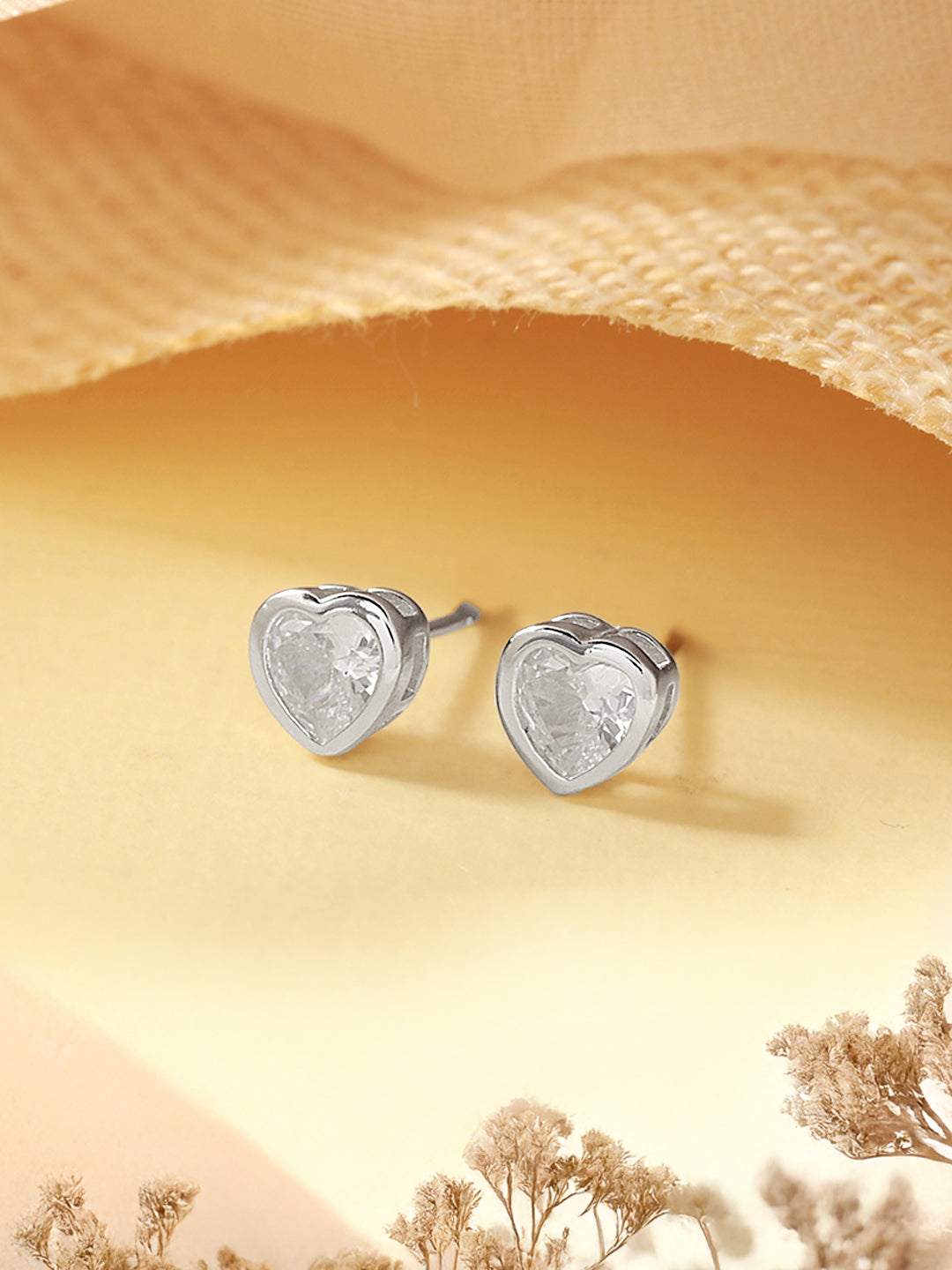 925 Sterling Silver Zircon Studded  Heart Shaped Halo Solitaire Minimal Studds Earrings