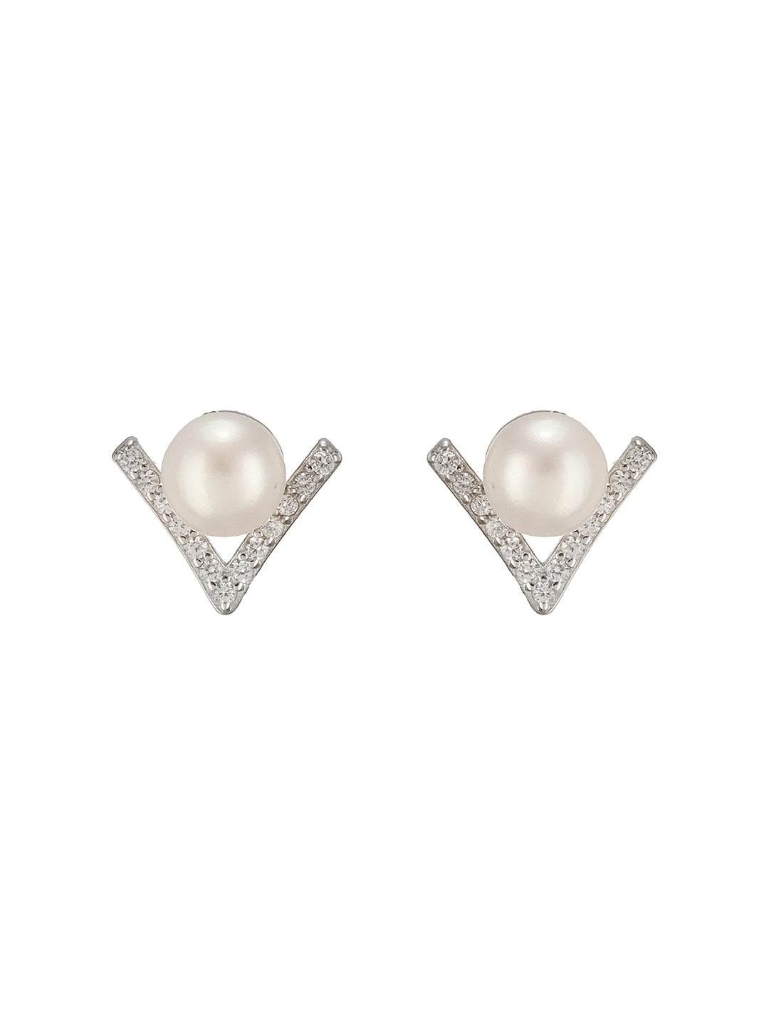 925 Sterling Silver Zircon &  Faux Pearl V - Shaped Minimal Studds Earrings