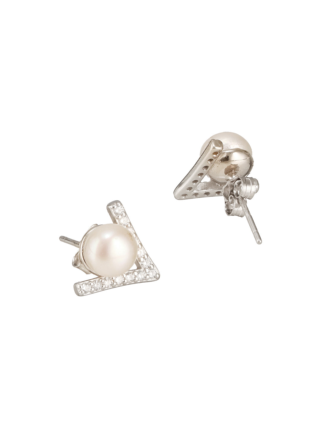 925 Sterling Silver Zircon &  Faux Pearl V - Shaped Minimal Studds Earrings